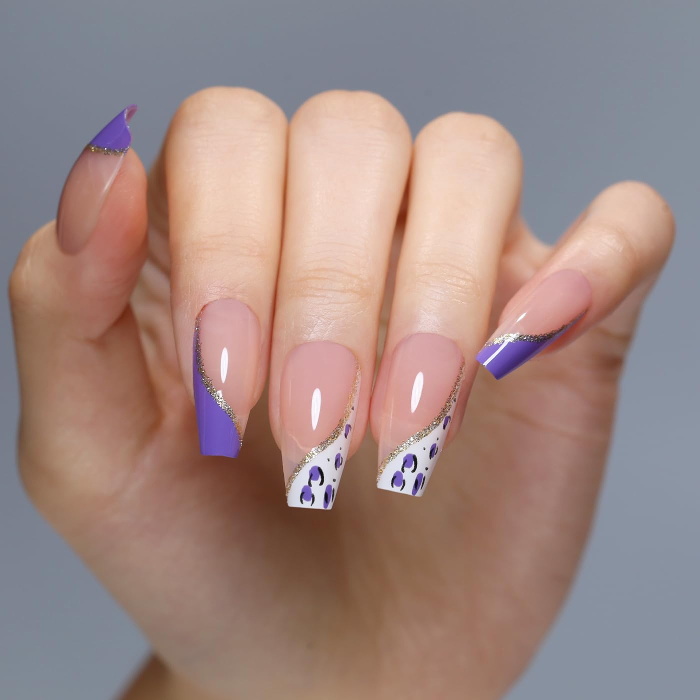 Goolich Purple French Tip Press On Nails Medium Coffin, Leopard Print Nails Press ons Set with Adhesive Tabs, 24 Pcs 12 Size Reusable Full Cover Glue on Nails for Women