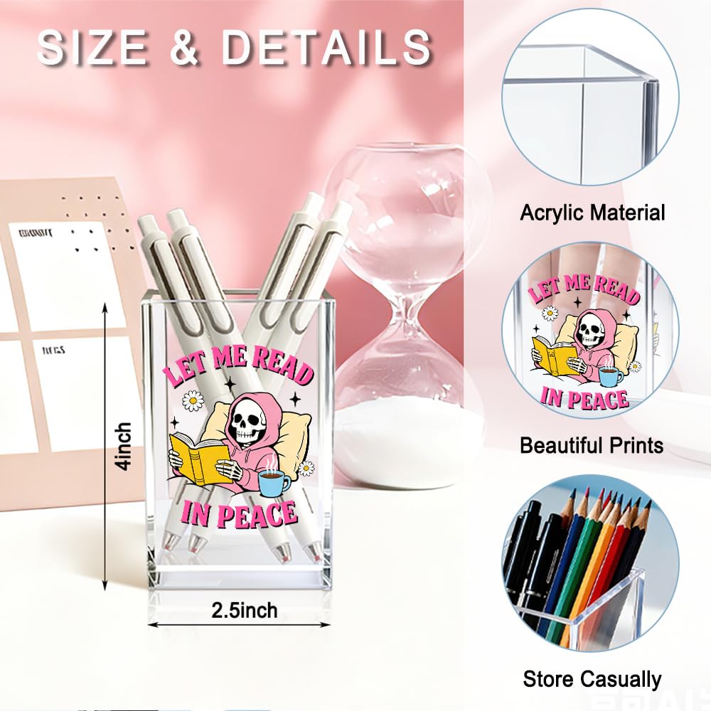 MGLZXLU Let Me Read In Peace Acrylic Pencil Pen Holder Cup, Reading Book Club Makeup Brush Storage Organizer, Cute Bookish Desk Accessories Holder Gifts for Daughter Reader Librarian Teacher Holders