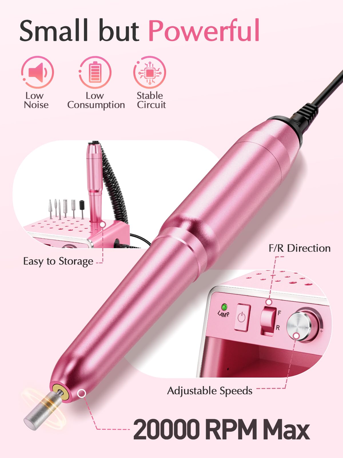 Subay Nail Drill Machine Electric File, Portable for Acrylic Gel Dip Powder Nails, Nail Drill Kit for Manicure Pedicure, Nail Set with Everything, Purple Pink