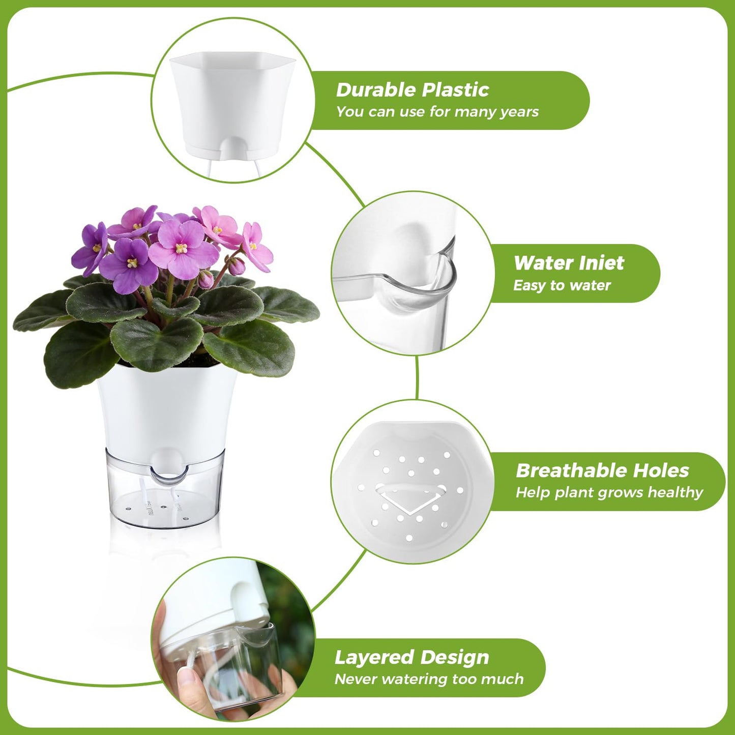 10-Pack 4.33" Clear Self Watering Pots for Indoor Plants Large Hexagon Self-Watering Planters Orchid Pots Plastic Wick Flower Plant Pots for African Violet, Spider, Herbs, Home Decor, White and Clear