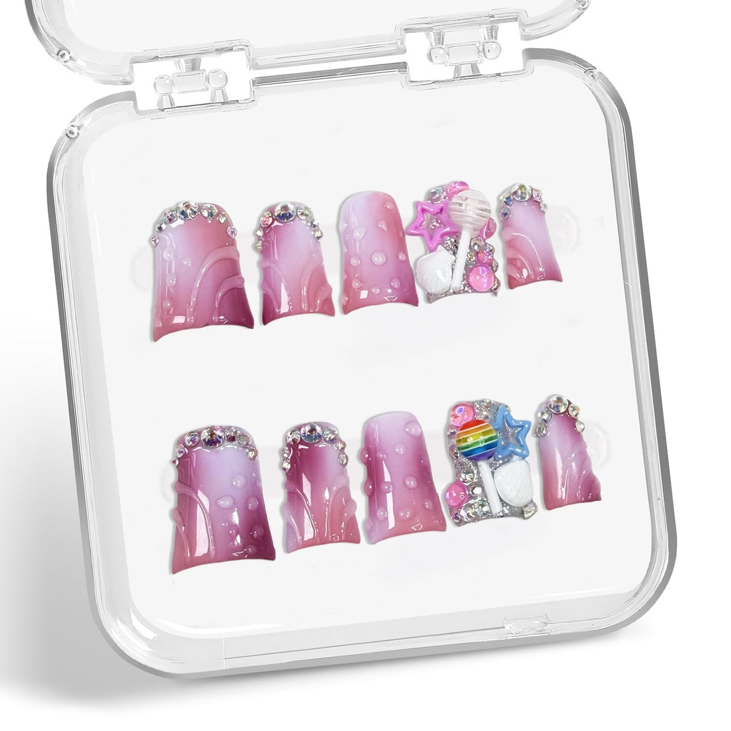 Duck Press on Nails Handmade Fake Nails Short False Nail 3D Lollipop and Stars Designs Luxury Rhinestones Artificial Nail Pink White Gradient Stick on Nails Water Droplet False Nail for Women（M)
