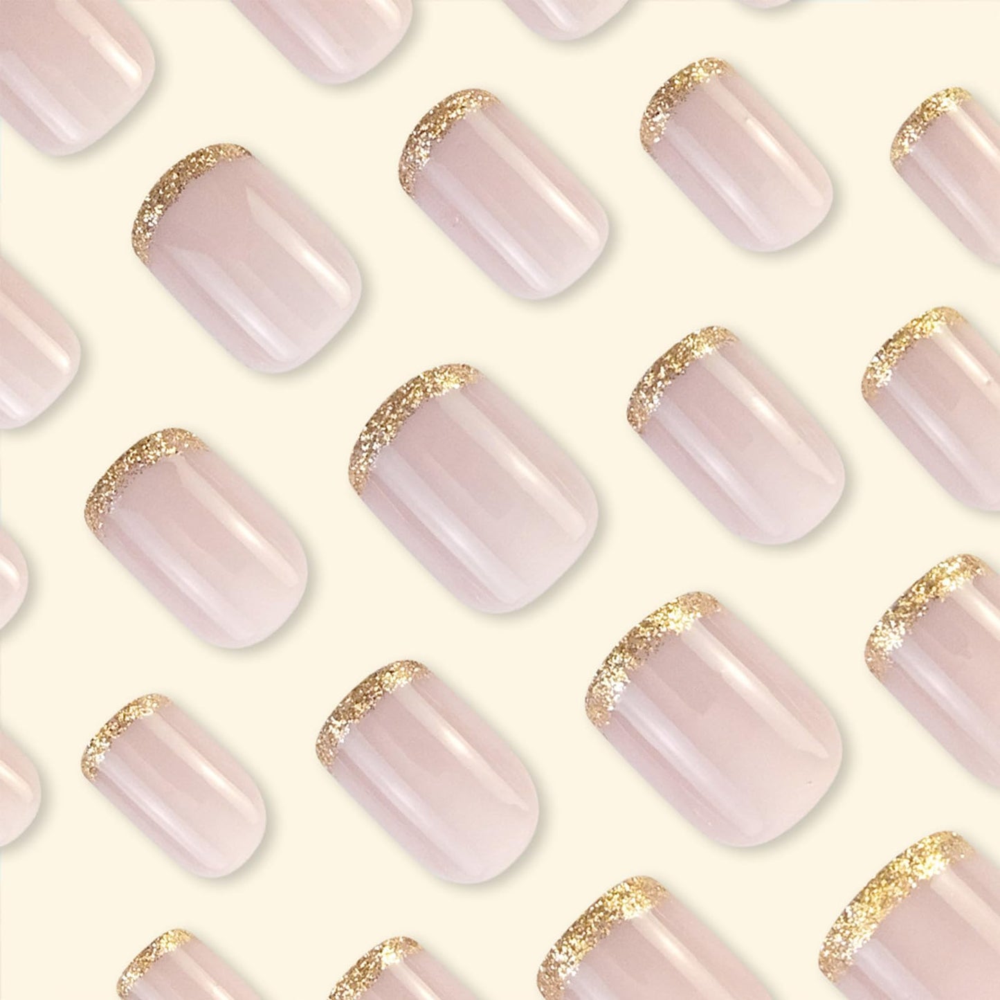 Gold Glitter French Tip Press On Nails Short Square Fake Nails Translucent Nude Glossy False Nails Natural Reusable Stick On Nails for Women, 24Pcs Extra Short Salon Quality French Manicure