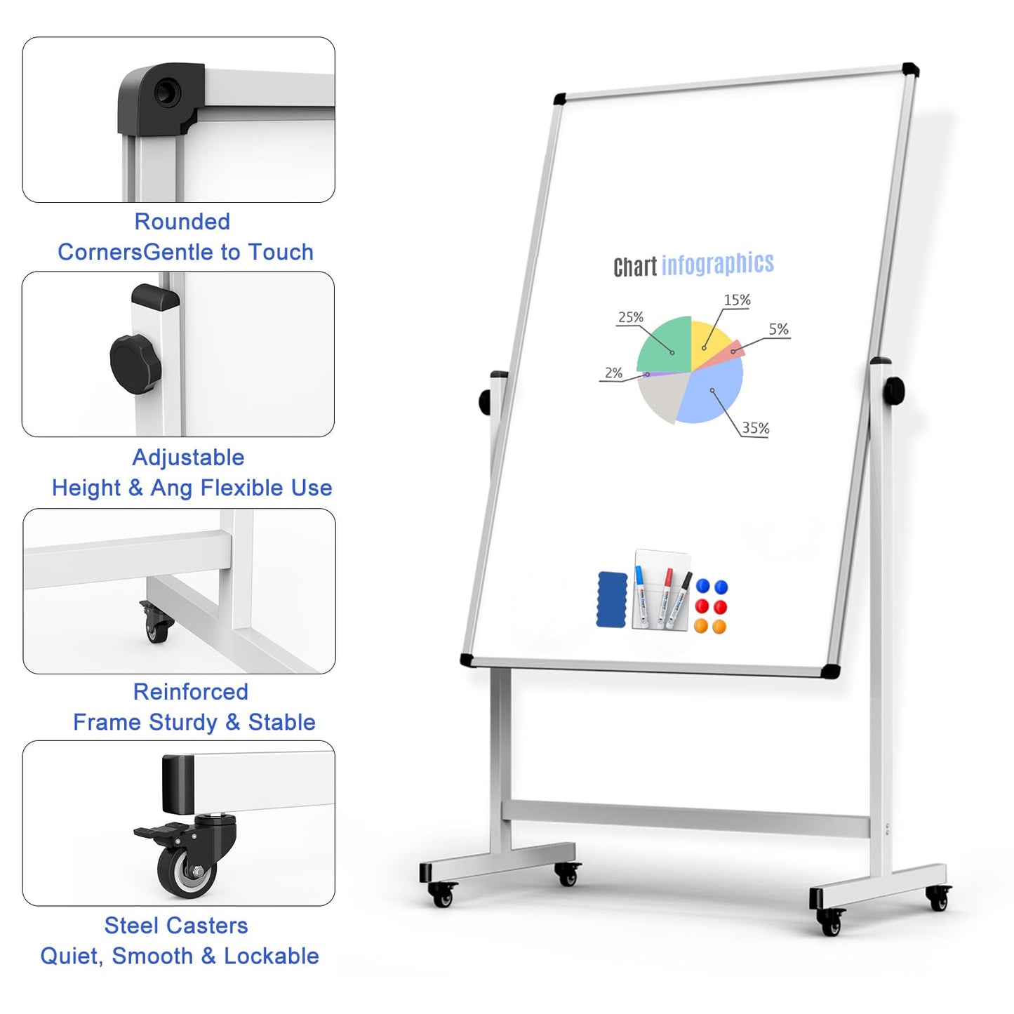 Rolling Whiteboard on Wheels, Double-Sided Magnetic Dry Erase Board with Stand, Mobile White Board for Office, Classroom, Home (32" x 48")