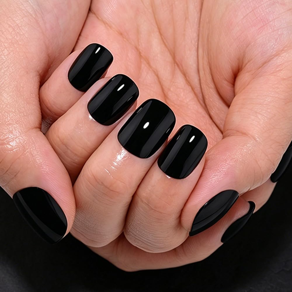 evpct Black Glossy Squoval Short Press on Nails for Women, Black Extra Short Squoval No Glue Stick on Nails with Kit, Reusable Full Cover Soft Press on Acrylic Fake Nail Salon-quality Perfectly Fit