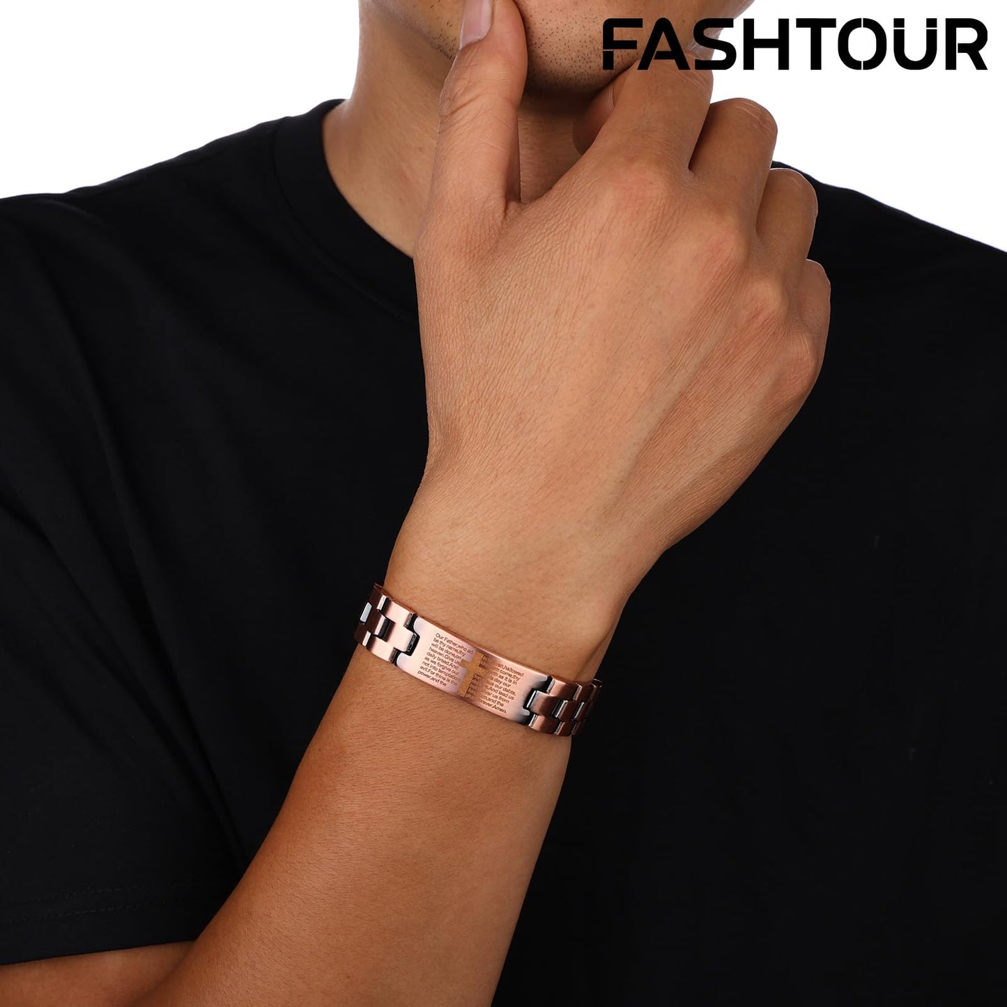 Fashtour Copper Magnetic Cross Bracelet for Men - Ultra Strength Magnetic Mens Cross - With Size Adjustment Tool (Copper CB184AC)