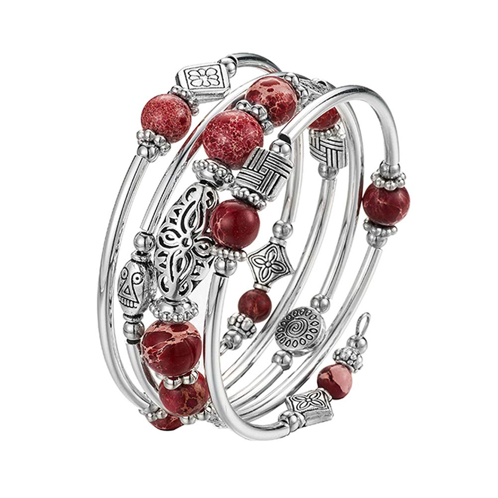 BULINLIN Layered Wrap Bangle Turquoise Bracelet - Bead Bracelet with Natural Agate Stone, Gifts For Women (13-Imperial red)