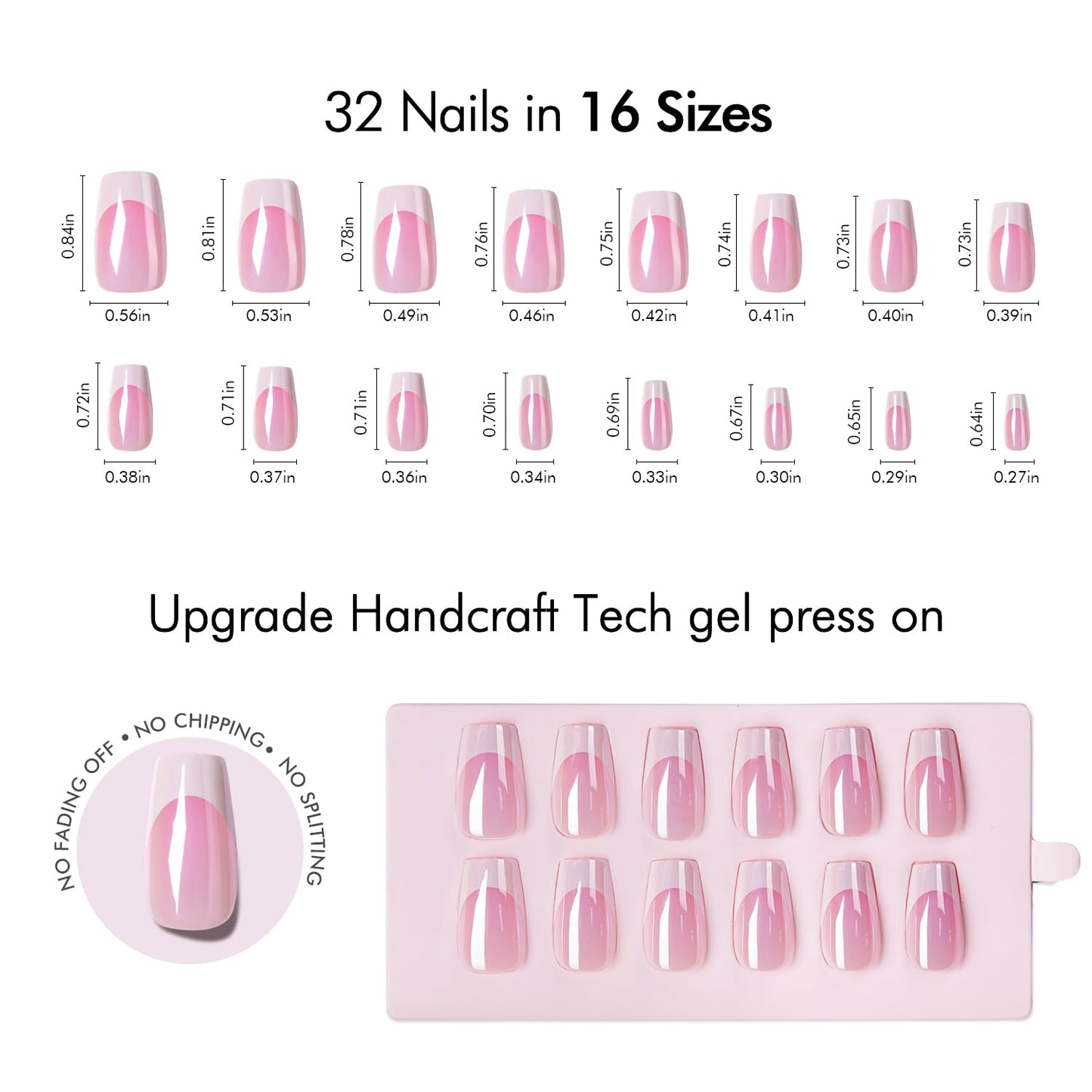 VSALON Press on Nails Short Coffin - Pink French Tips Glazed Chrome Fake Nails Kit, Long-Lasting & Reusable Opaque Soft Gel Spring Nails with Glue & Cuticle Oil