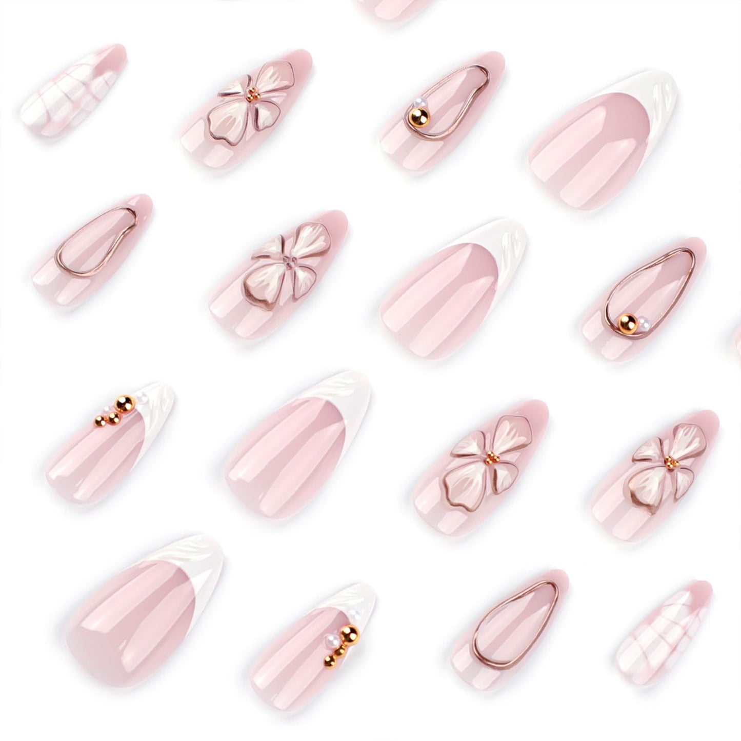 3D Flower Press On Nails Almond Shape – Medium Length Nude Pink Acrylic Fake Nails with Gold Beads & White Tips, 24PCS Glossy Stick On Nails with Tools, Reusable Elegant False Nails for Women