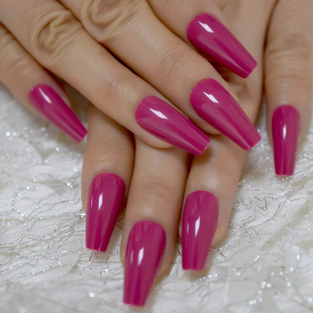 Coolnail Glossy 24pcs Dark Rose Pink Coffin False Nail Tips Acrylic Salon Full Cover Artificial Press On UV Fake Nails With Glue Sticker