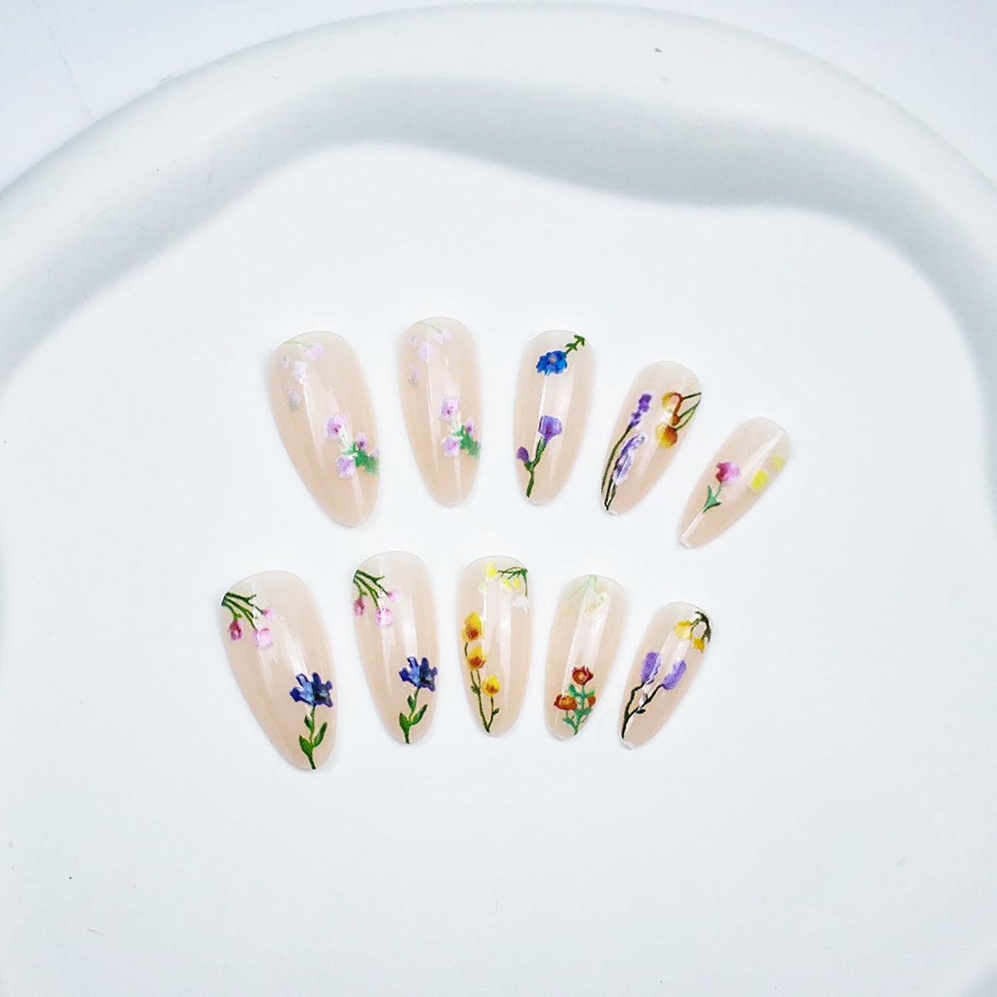Medium Almond Press on Nails Fake Nails Flower False Nails with Floral Designs Nude Pink Glossy Glue on Nail Full Cover Spring Summer Acrylic Nails for Women Girls 24Pcs