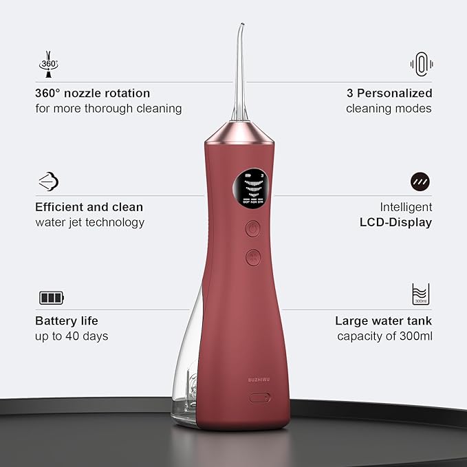 Water Dental Flosser for Teeth, Portable Cordless Water Flosser with 300ML Rechargeable with Type-C, IPX7 Waterproof Water Flossers for Adults with 3 Intensity Modes and 3 Flossing Tips Bordeaux