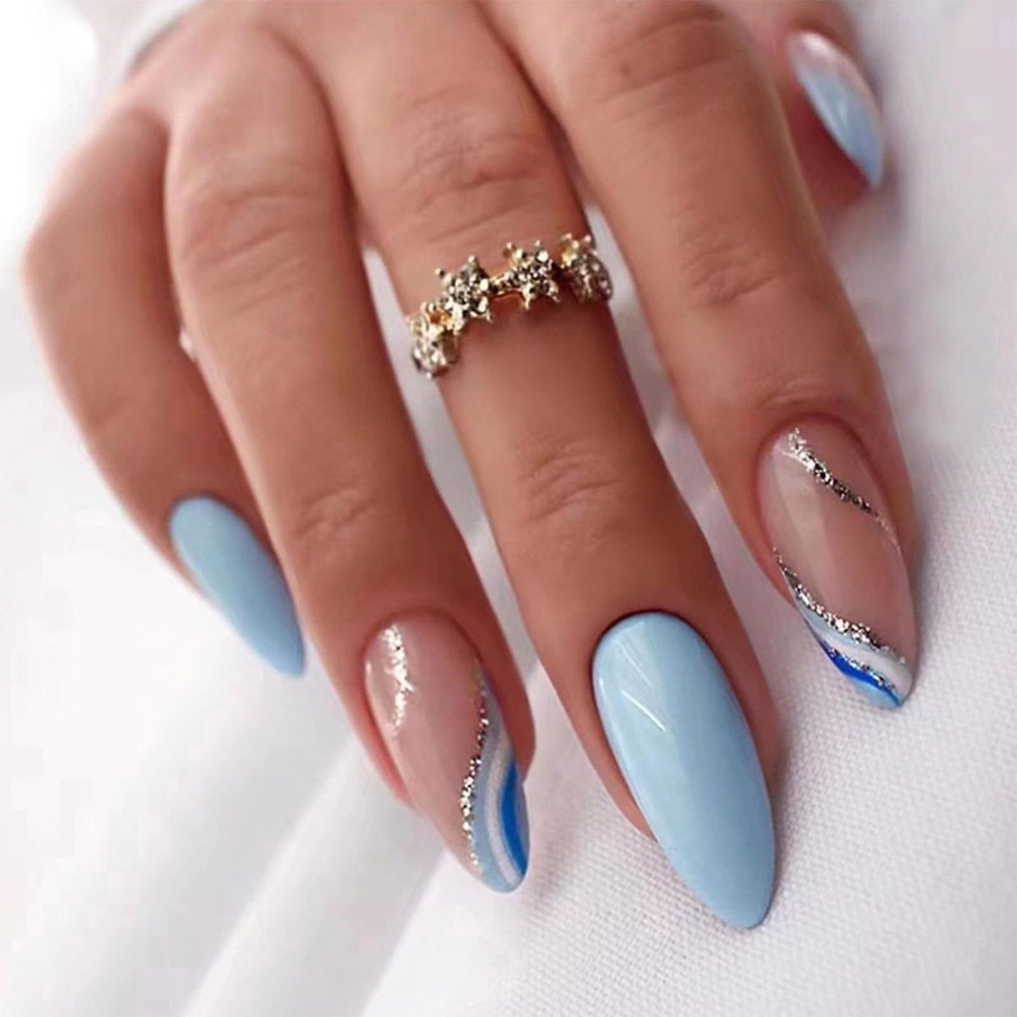 FJSMTOPl Blue Press on Nails Almond Fake Nails Press ons Medium False Nails with Designs Glitter Wave Acrylic Glue on Nails Artificial Stick on Nail for Women Manicure 24Pcs