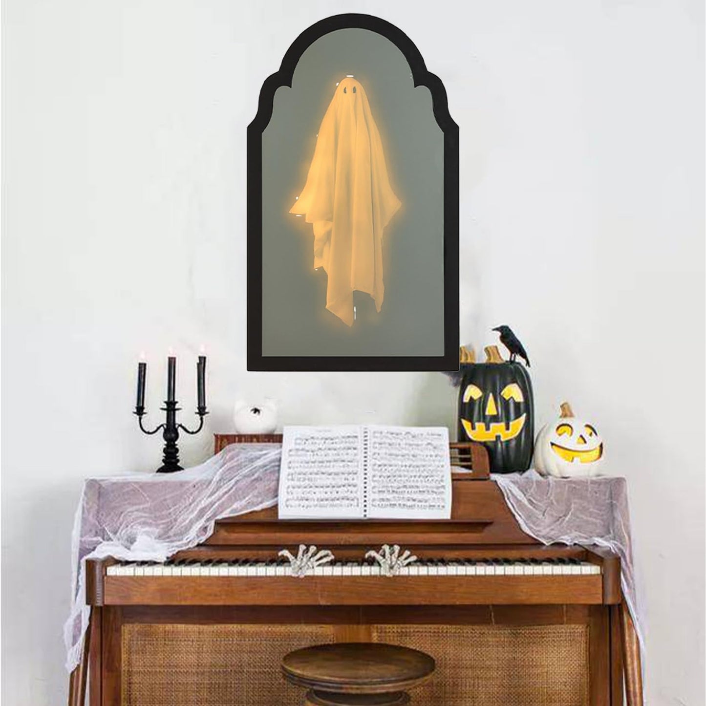 QIPECO Halloween Hologram Ghost Mirror with Creepy Eyes Night Light,Halloween Ghostmirror Spooky Halloween Haunted House Decor,Black Wood Frame (S)