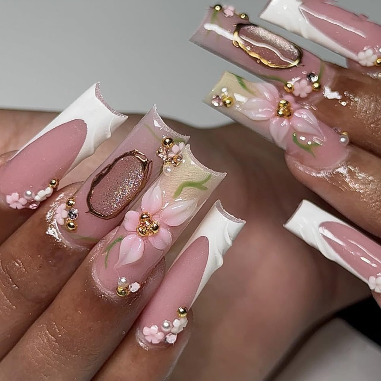 plalely Long Square Press on Nails,Handmade Acrylic Press on Nails with Designs，Long Press on Nail for Women 24pcs