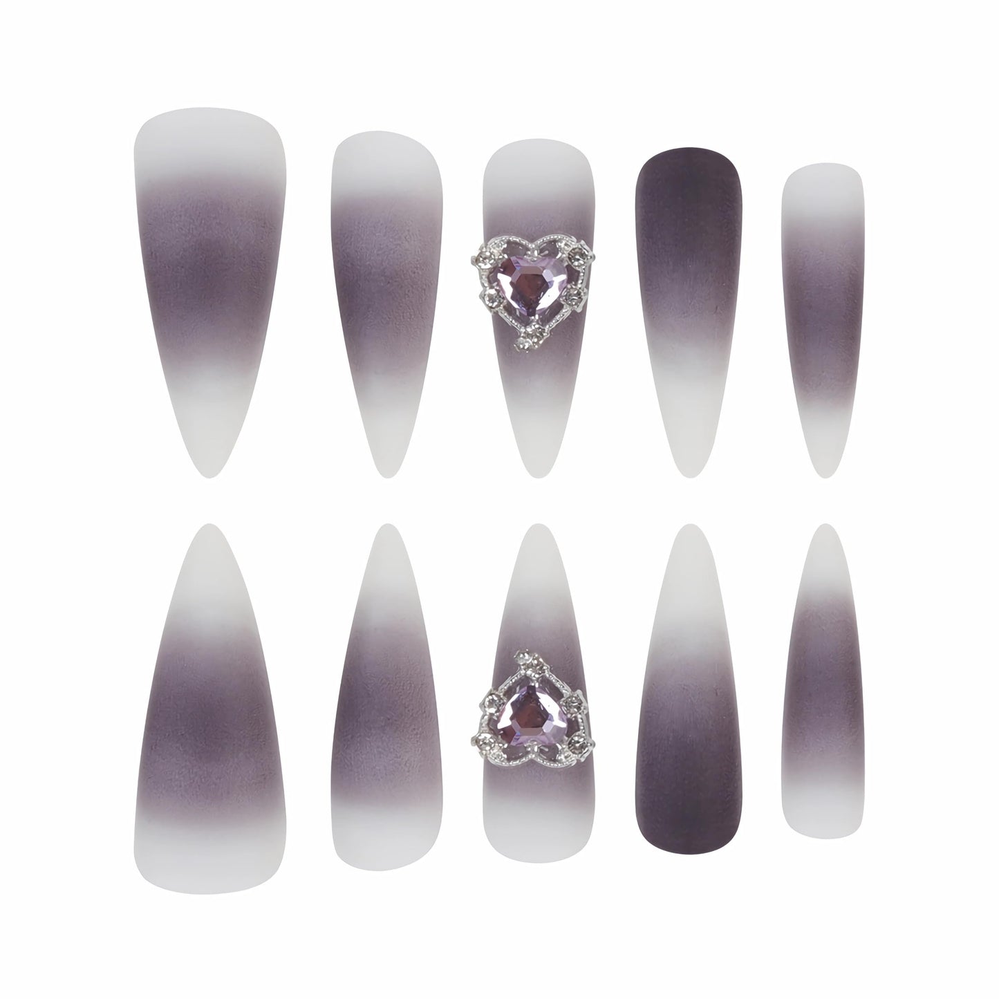 BABALAL Black Purple Ombre Press On Nails, Extra Long Stiletto Gothic Fake Nails with Silver Heart Charm, Matte Acrylic Full Cover Stick On Nails 24Pcs