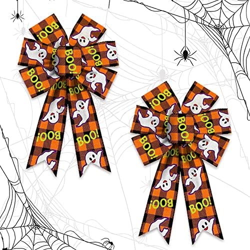 2PCS Halloween Wreath Bows Halloween Decor Bows Ghost Boo Buffalo Plaid Burlap Linen Bows for Wreath, Halloween Fabric Ribbon Bows for Home Party Indoor Outdoor Decoration Wreath Ornament Supplies
