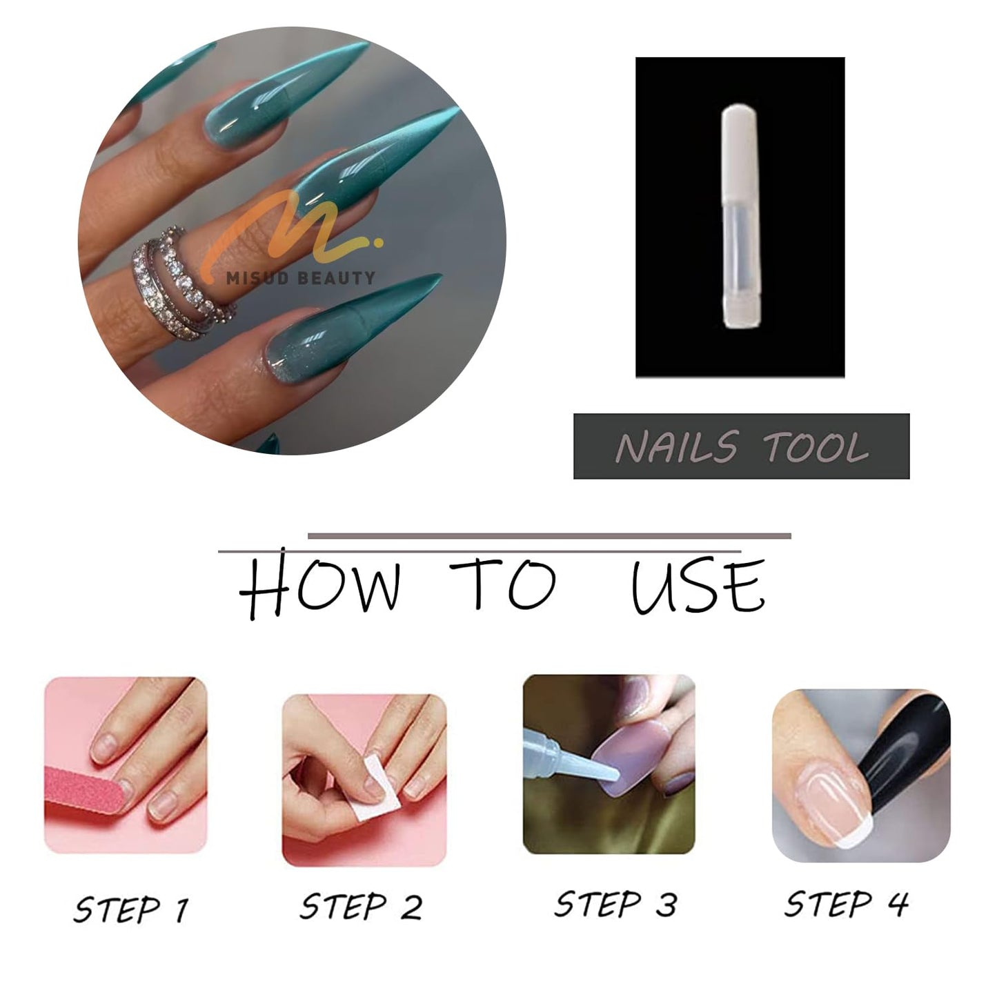 MISUD Press on Nails - Long Stiletto Fake Nails with Summer Green Cat Eye, Acrylic Bling Glitter Teal Design 24 pcs