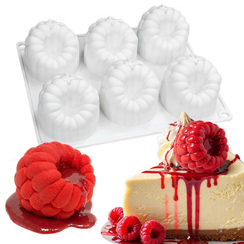 6-Hole Raspberries Mousse Cake Mold Food Grade Silicone Molds for Baking 3D Raspberries Pudding Cakes Silicone Mold Dessert Chocolate Molds Rubus Fruit Cake Decorating Tools Non-stick Baking Mould
