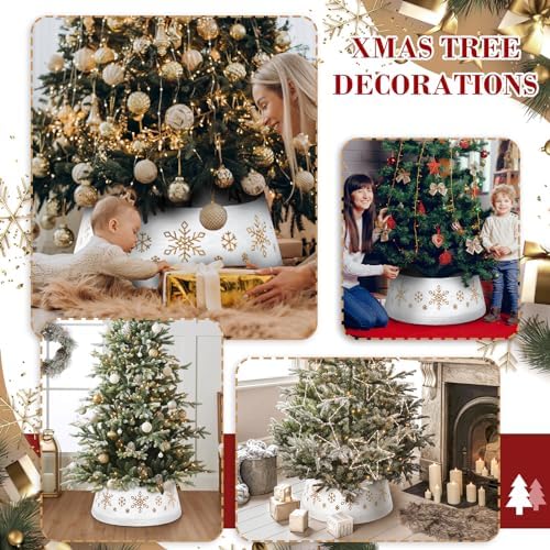 Christmas White Tree Collar Ring, 30'' Plush Gold Snowflake Sequin Tree Skirt, Christmas Artificial Tree Base Stand Cover, Xmas Tree Decorations Ornaments for Home Party Holiday