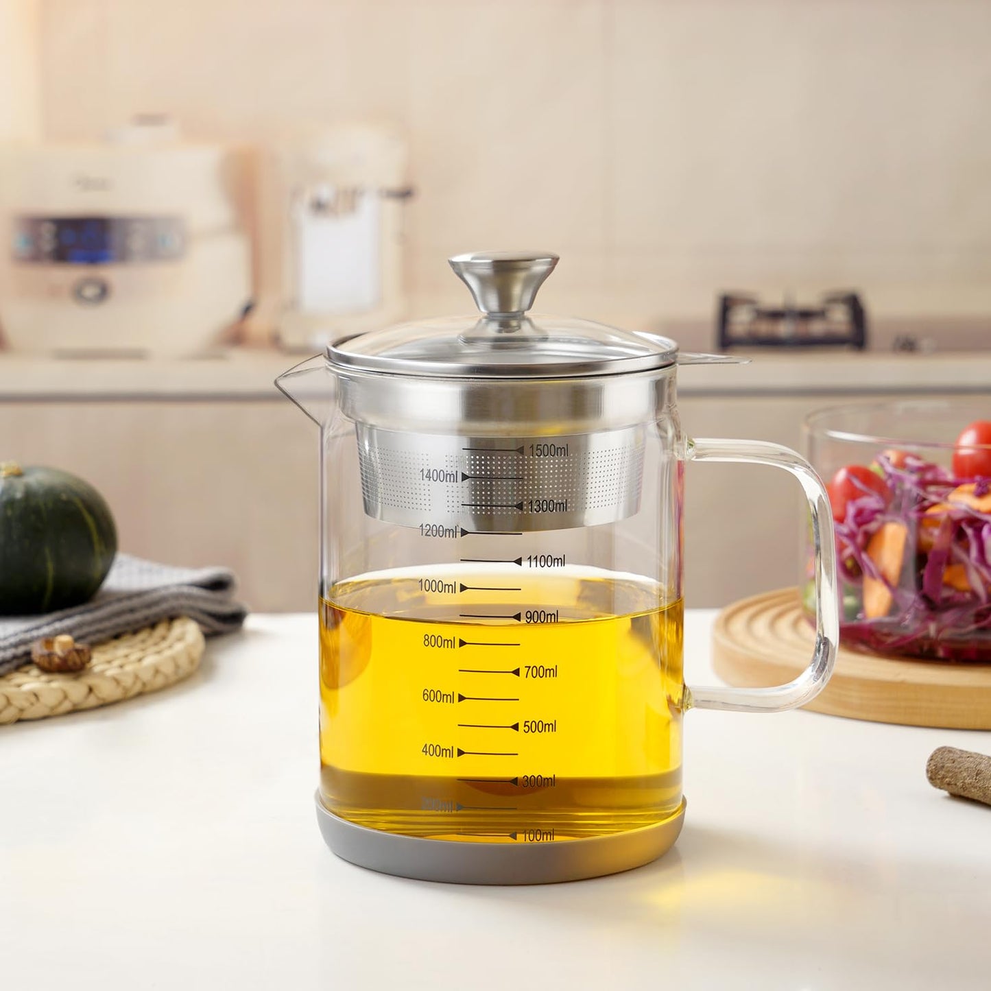 Abdodar 50oz Glass Oil Strainer Container with Fine Mesh Strainer for Bacon Grease, Nut Milk, Soy Milk, Tea Residues and All Purpose Straining (1.5L)
