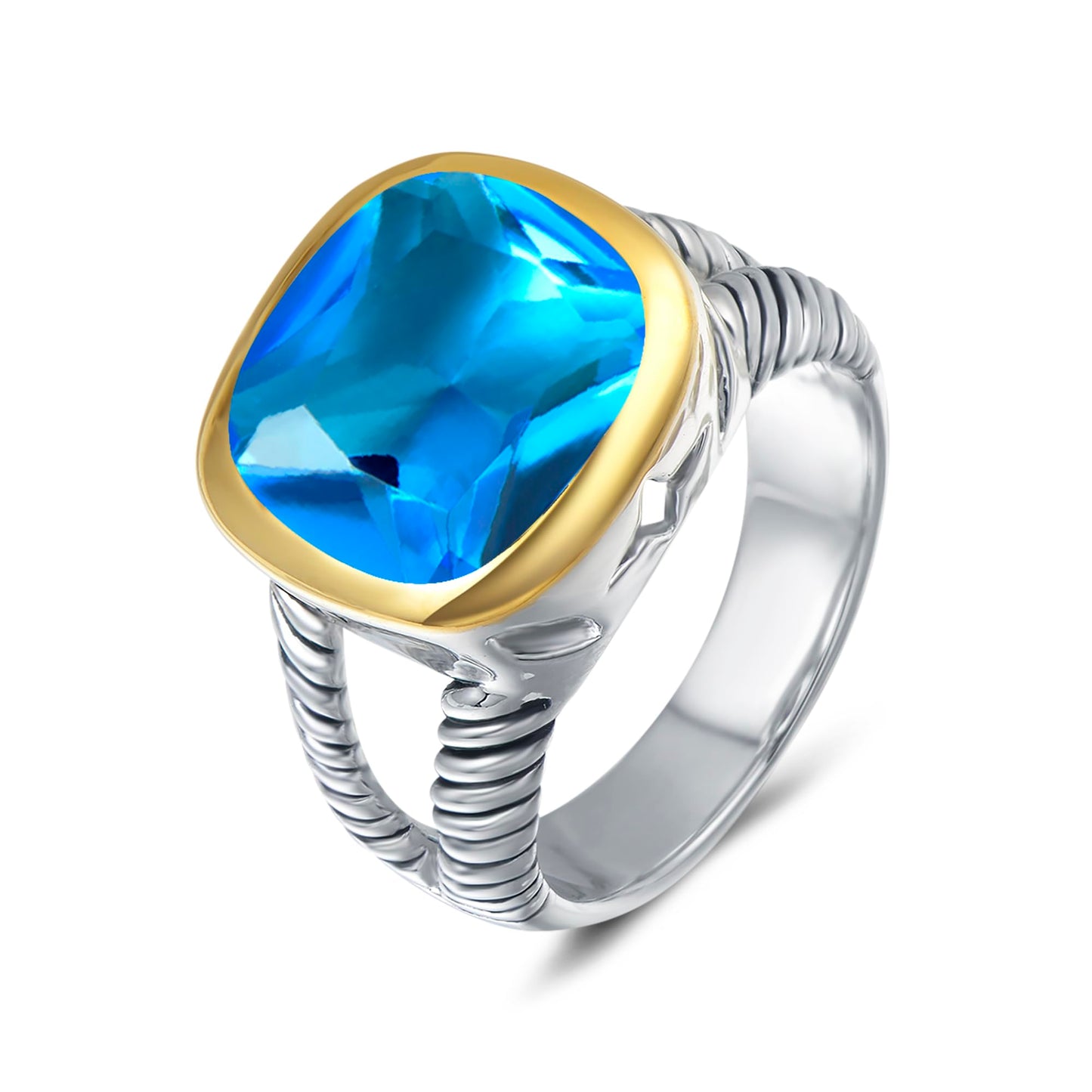UNY JEWEL Twisted Cable Wire Two Tone Cusion Cut CZ Statement Ring Designer Inspired Fashion Love Antique Women Jewelry Gift (Blue, 7)