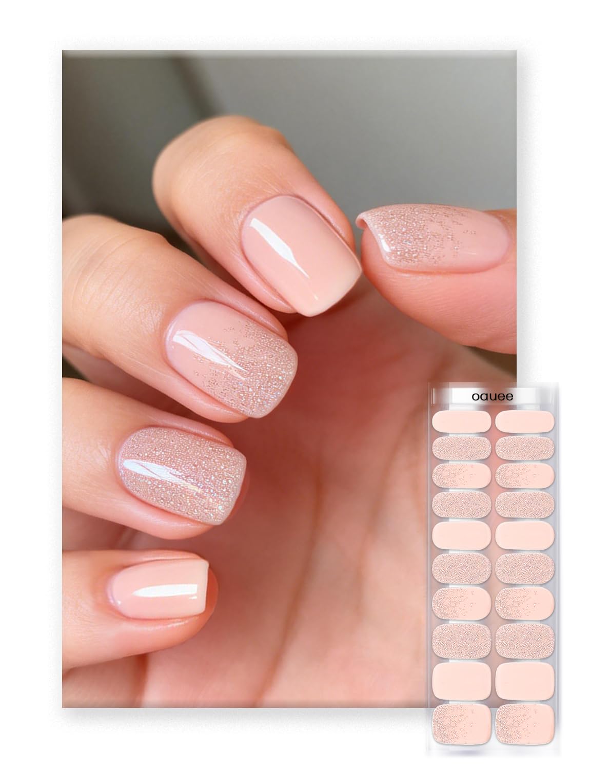 Oauee Semi Cured Gel Nail Strips | Built-In Gel Top Coat | UV Light Required | Salon Quality, Easy Application And Removal (Pink Sparkle)