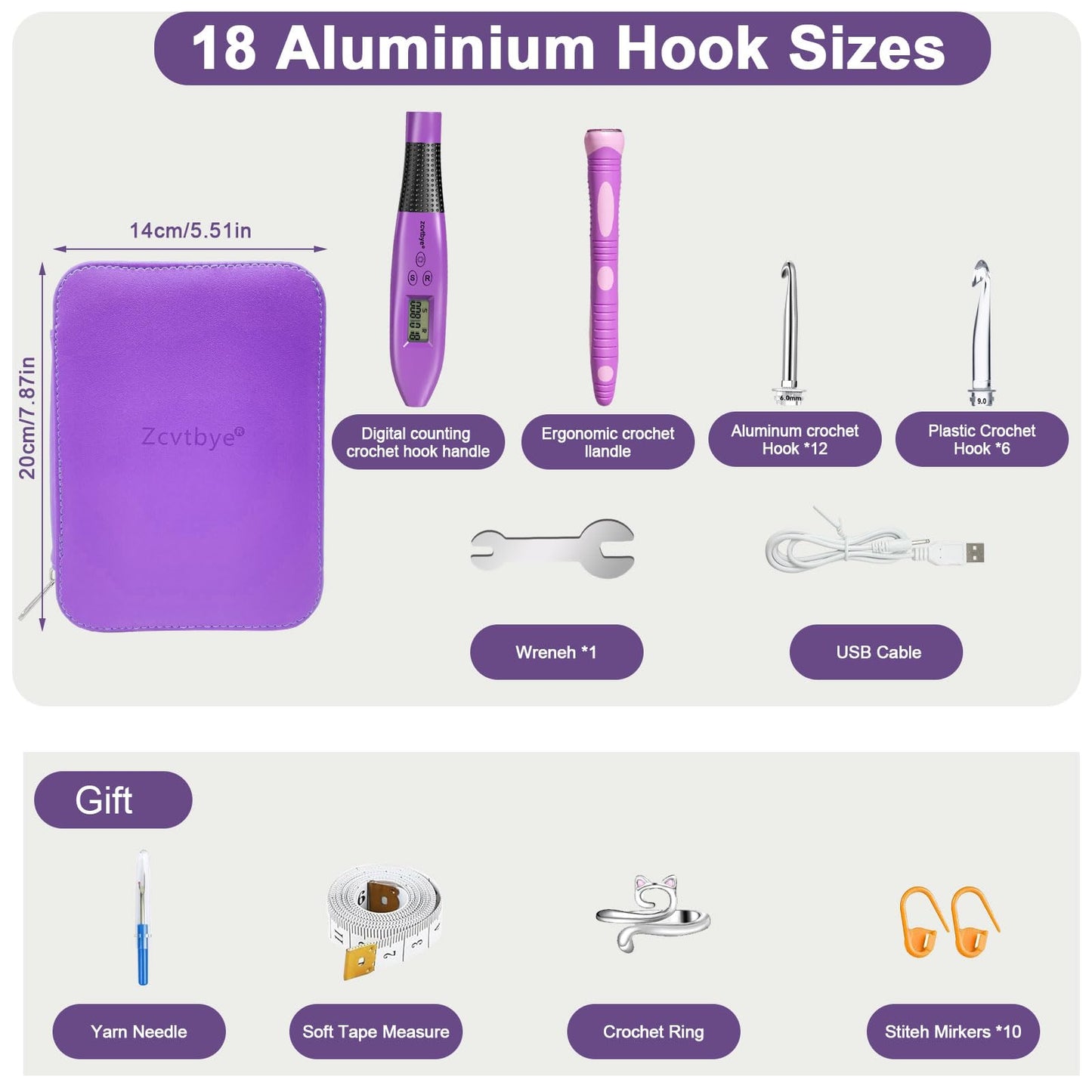 Counting Crochet Hook Set with Light & Counter -18 Size Light up Crochet Hooks - Ergonomic for Arthritic Hands, Digital Stitch & Row Counter - Interchangeable Hooks Kit - Perfect Gift