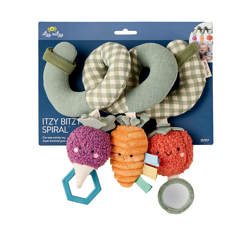 Itzy Ritzy Spiral Car Seat & Stroller Activity Toy - Stroller & Car Seat Toys for Ages 0 Months and Up - Hanging Toys Include Dangling Ring, Mirror and Textured Ribbons (Veggie)