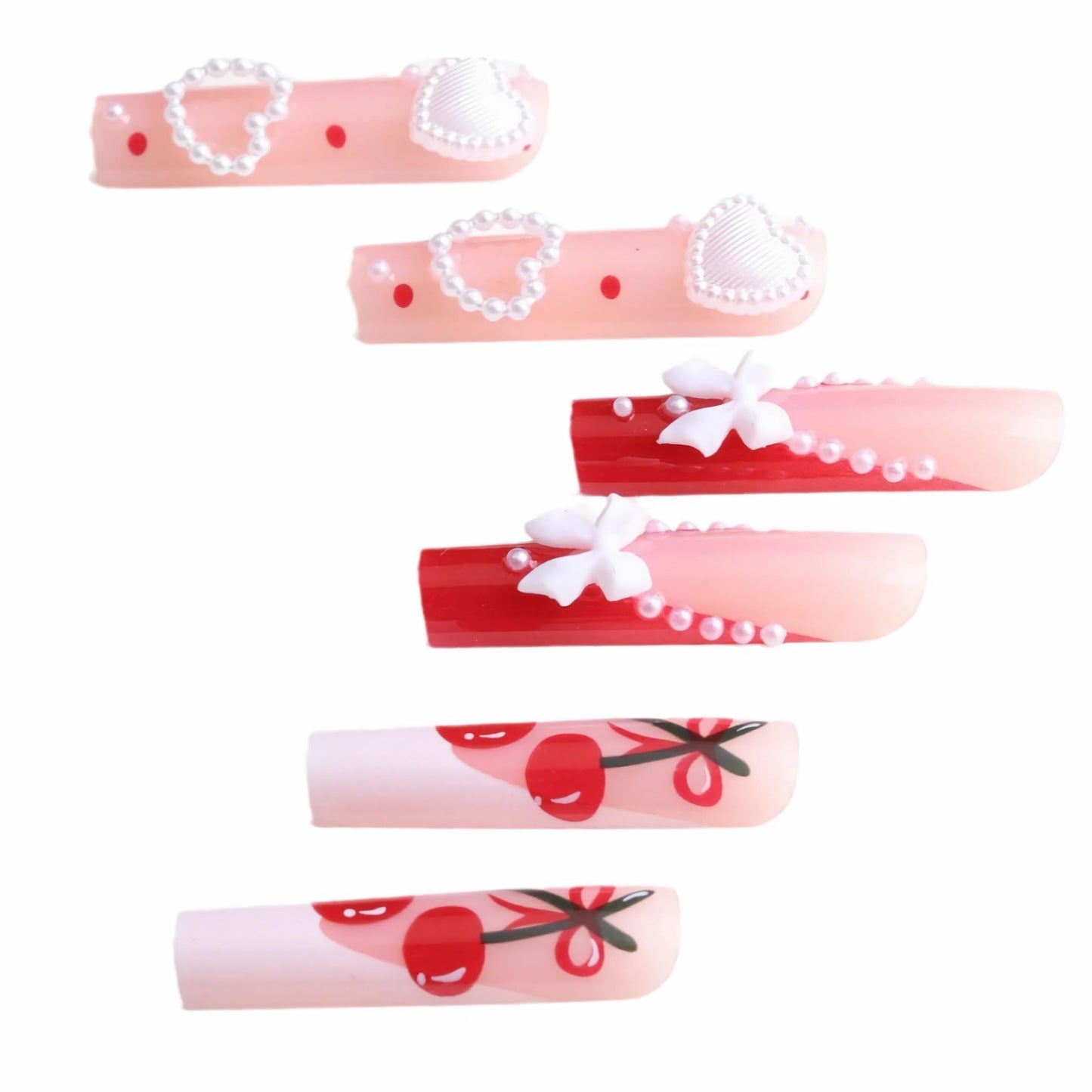 BABALAL Long Square Press on Nails, Red French Tip Heart Bow Charm Cute Cherry Glossy Acrylic Nails Squoval Glue on Nails 24 Pieces