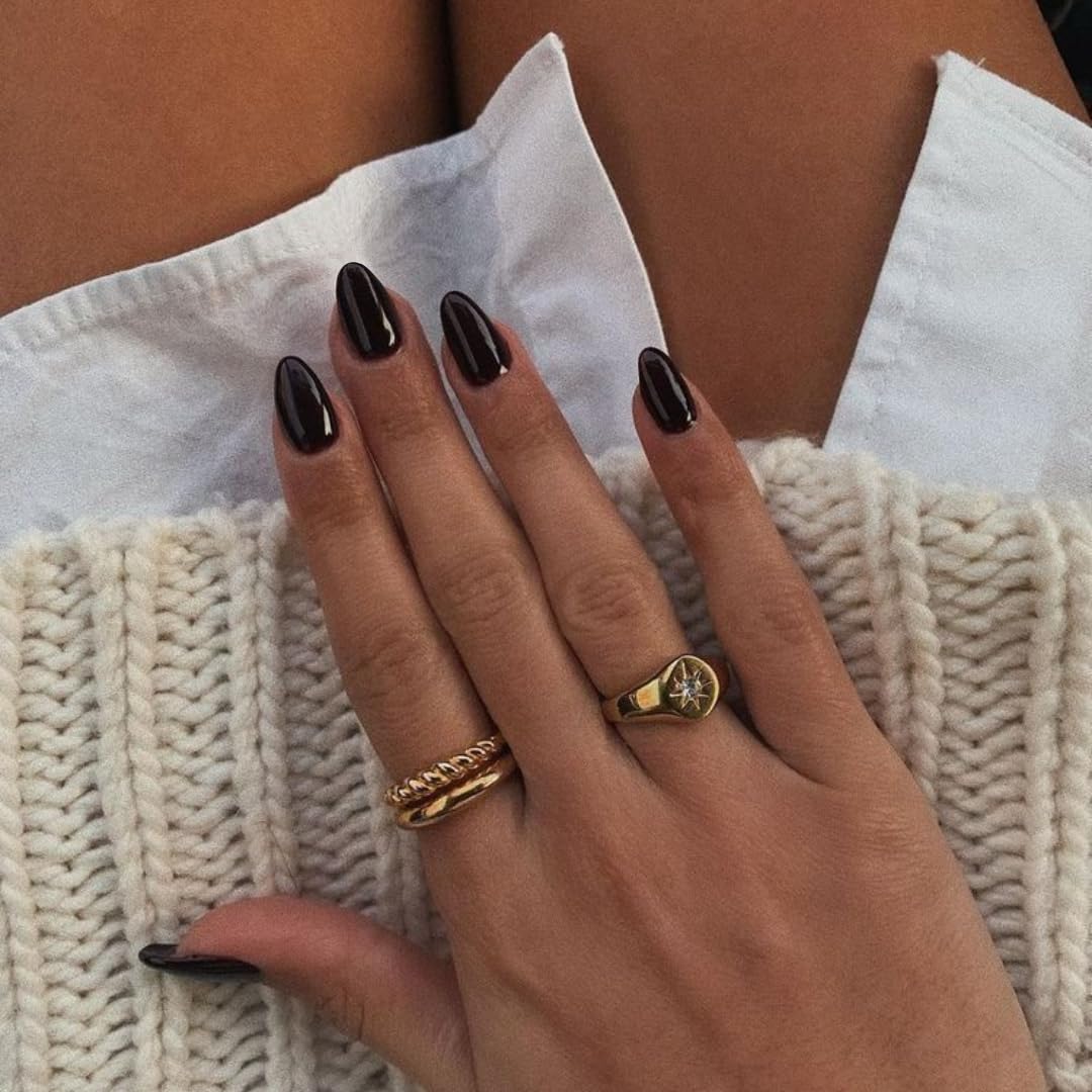 KQueenest Black Press on Nails Short Oval, Chrome Round, Metallic Glue on Acrylic, Almond Fake With Design, Glitter False in 24 PCS