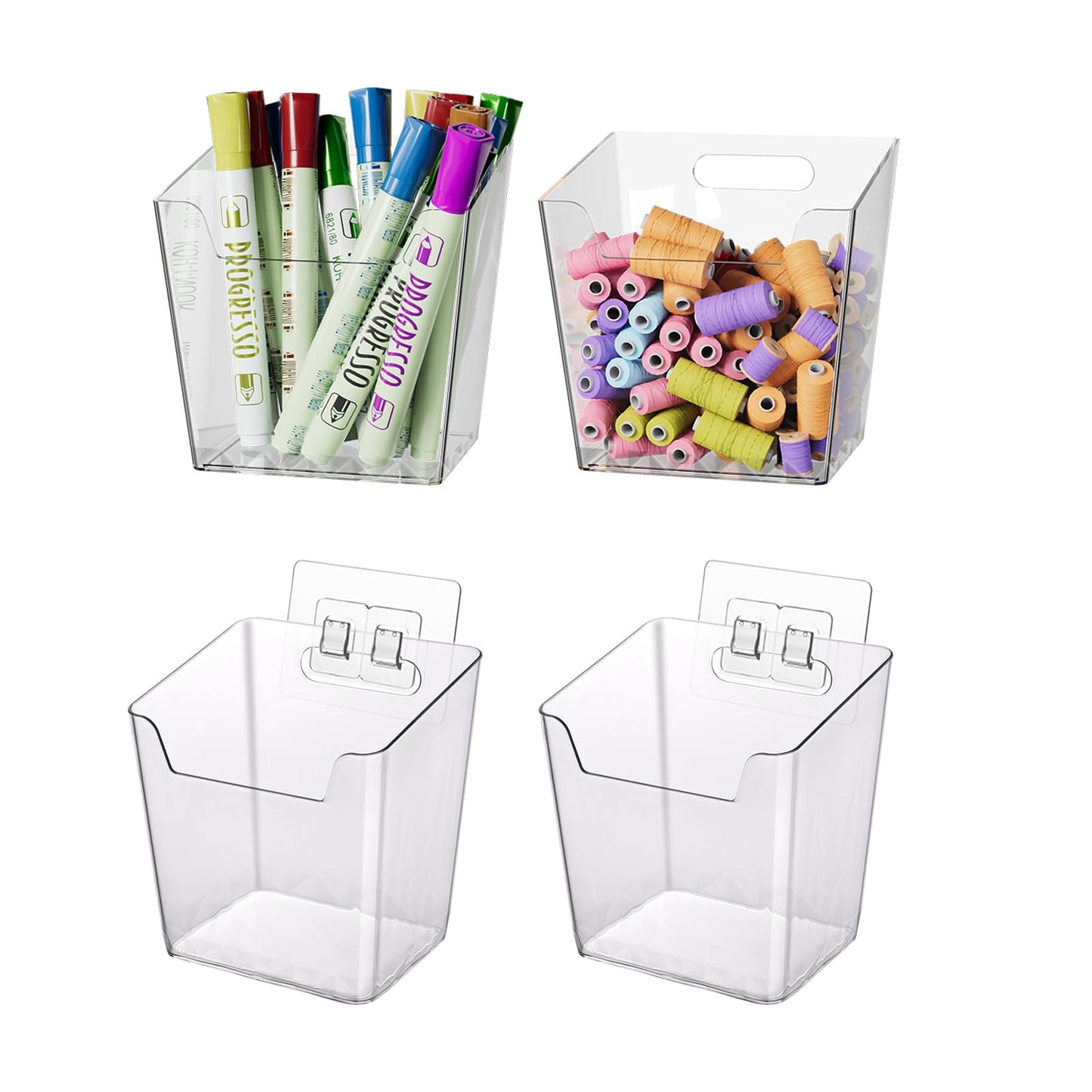 Clear Adhesive Wall Storage Bins, 4 Pack Cabinet Door Organizer Holders, Hanging Wall Mount Pockets, Plastic Cups for Shower Bathroom Makeup Office Craft Remote Kitchen Sink RV Organization (Small)