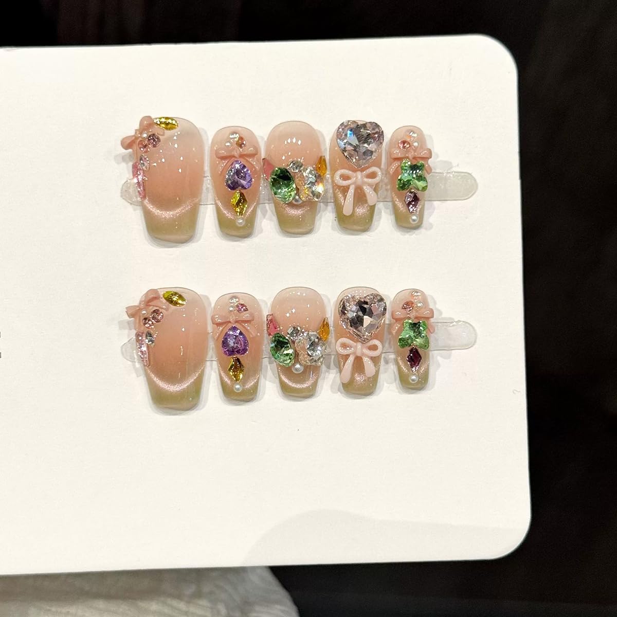 Handmade Press on Nails Long Coffin False Nails Green French Tip with 3D Rhinestones Designs Charm Cute luxury Sparkly Acrylic Nails for Women (Size M）10pcs