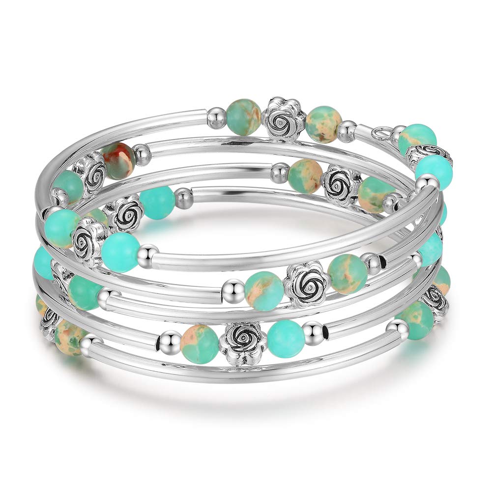 BULINLIN Wrap Bangle Rose Bead Bracelet - Beaded Bracelet with Natural Agate Stone Gifts For Women(01-Water green)