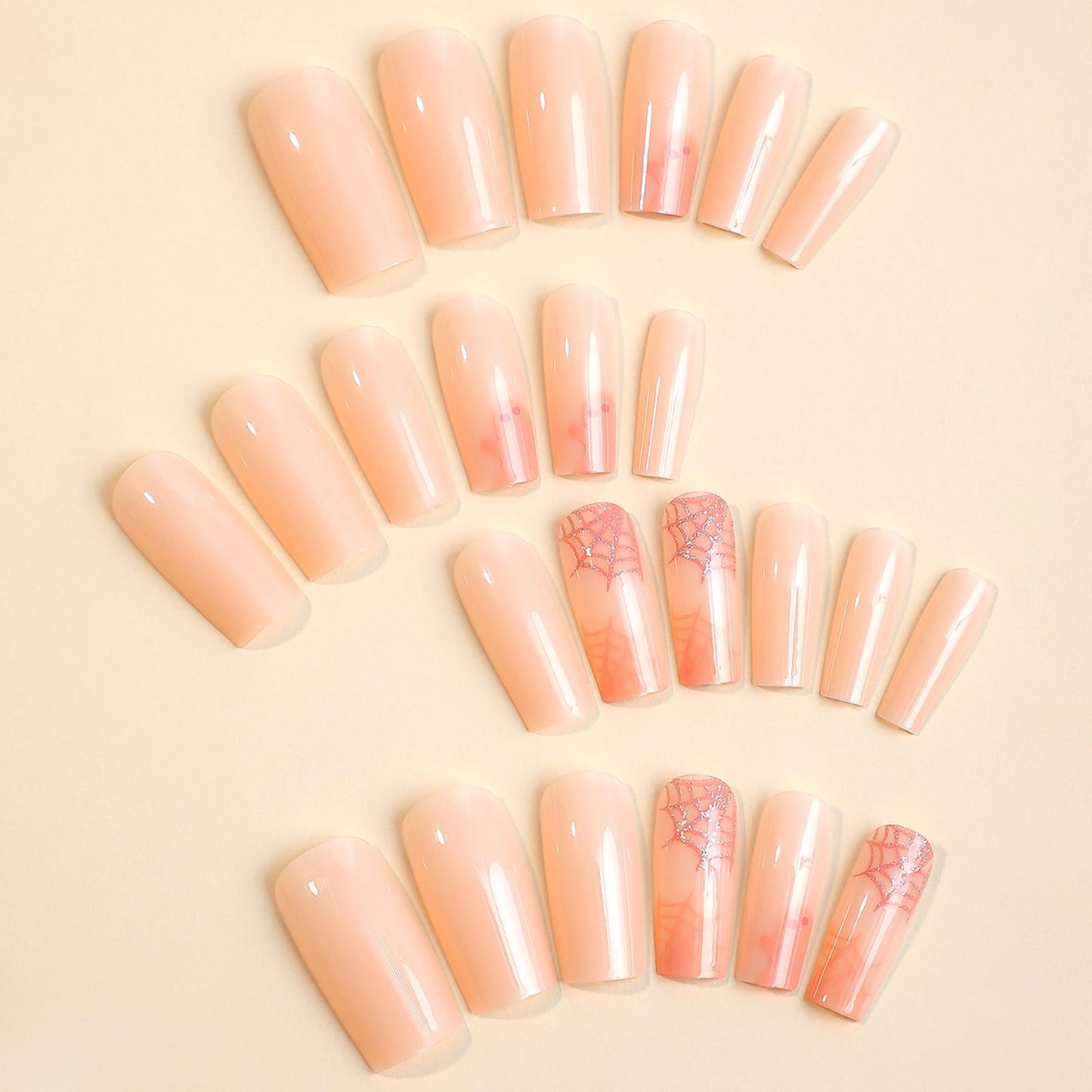IMRAIN Halloween Press on Nails Long Square Fake Nails Nude Glossy Acrylic False Nails with Glitter Ghost Designs Full Cover Cute Glue on Nails for Women
