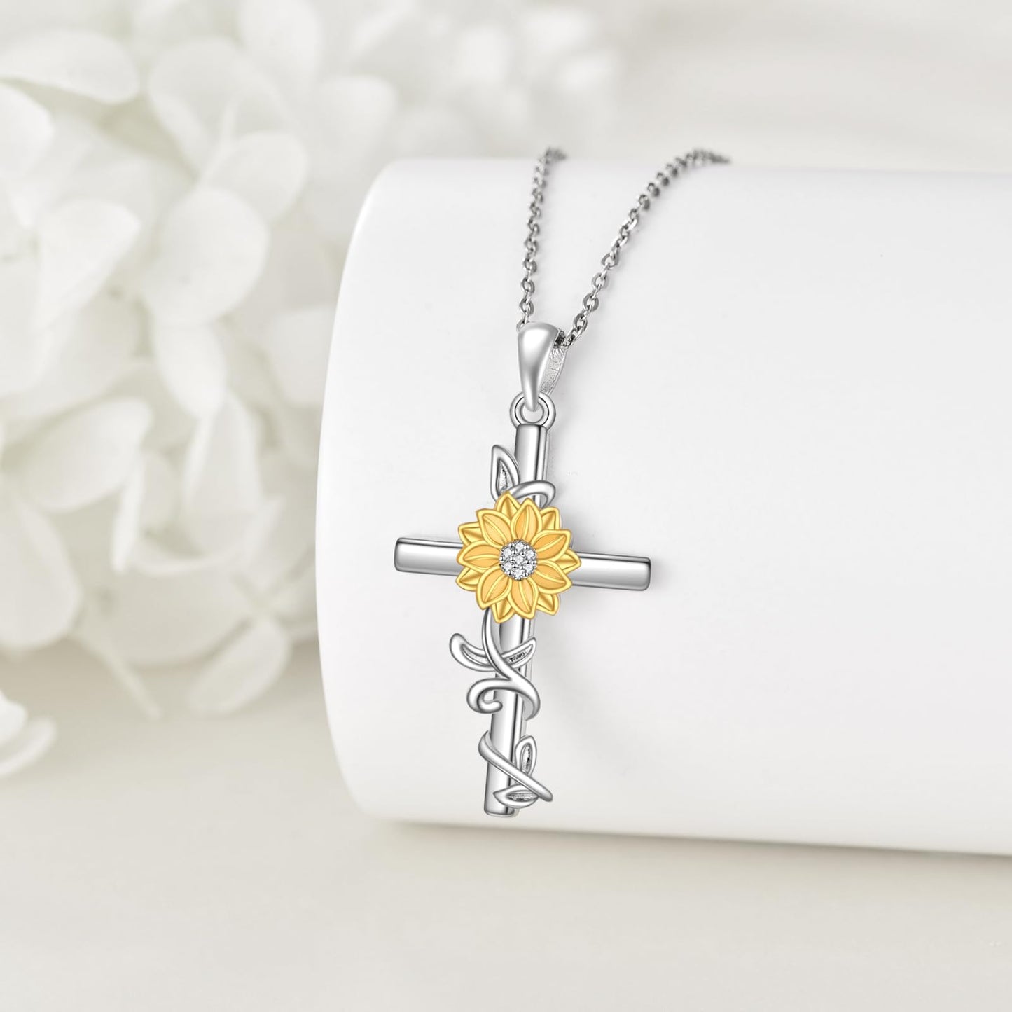 SHEAISRS Women's Sunflower Cross Necklace 925 Sterling Silver Delicate Sunflower Pendant for Women(Sunflower)