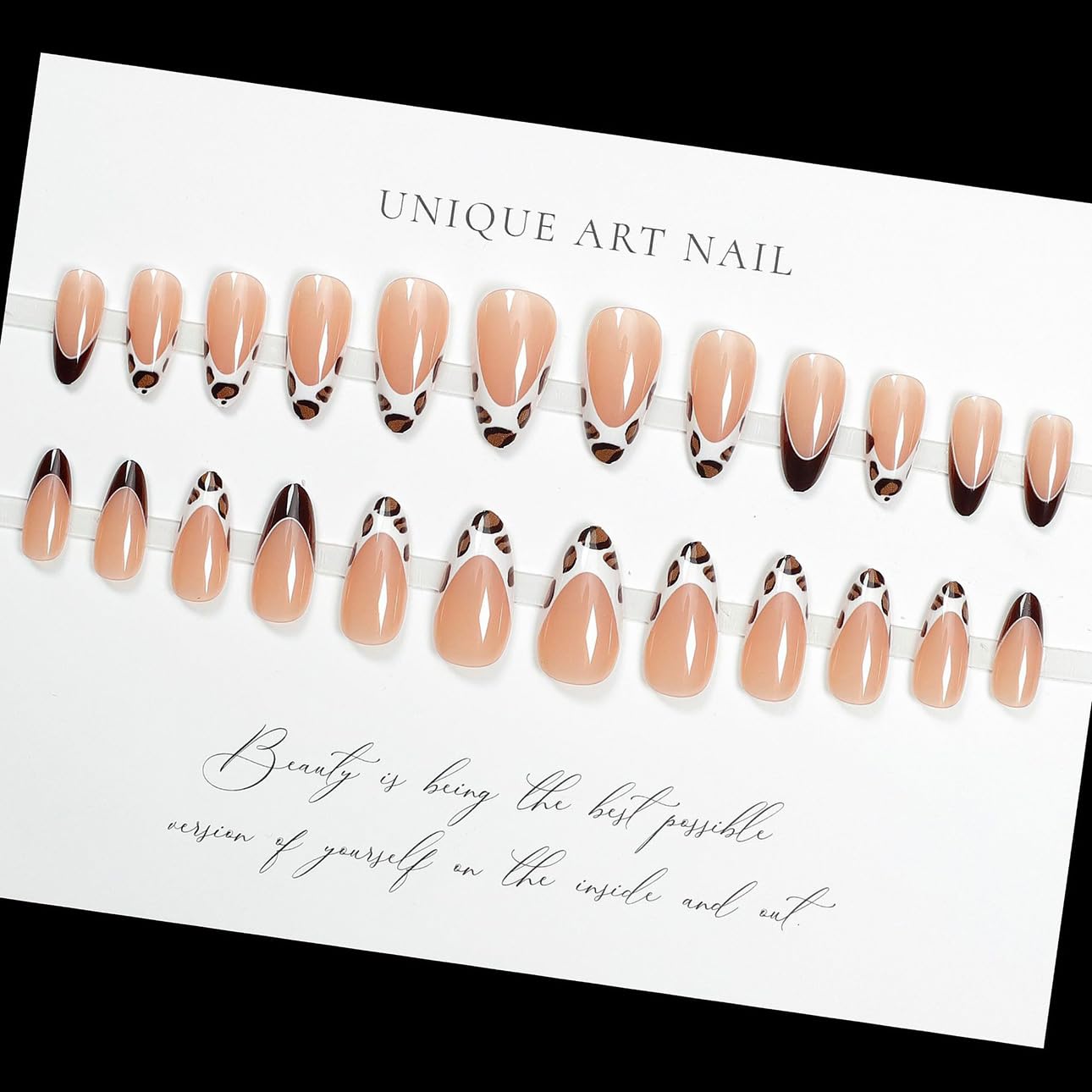LPOODDNU Leopard Press on Nails Almond - Medium Fall Fake Nails with French Tip Designs, Glossy Finished Reusable False Nails with Double Adhesive Glue Tabs - 24Pcs Nail Kit for Women Manicure