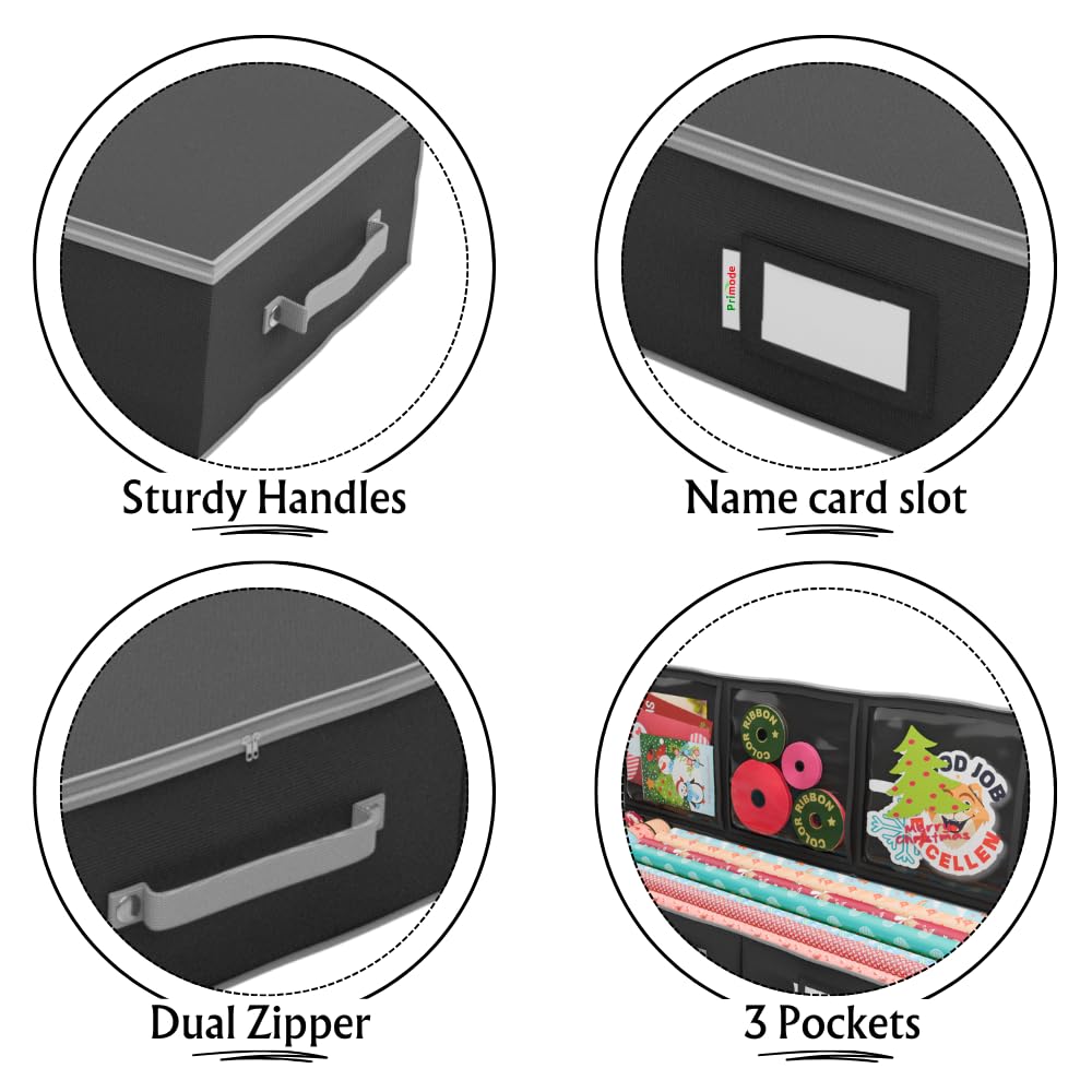 Primode Wrapping Paper Storage Container | Gift Wrap Organizer Under Bed | 41”x14”x6” | Box Holder for 18-24 Rolls Up to 40” | 600D Oxford Material | Pockets for Ribbon, Bows, and Accessories (Black)