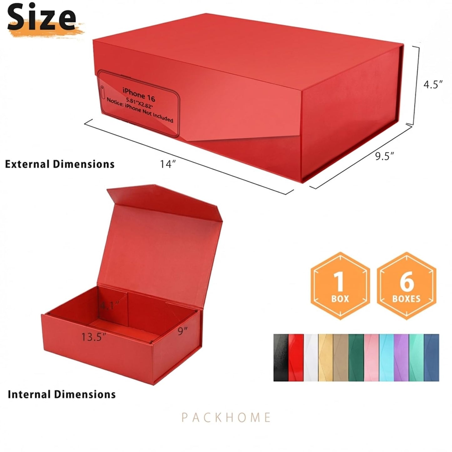 PACKHOME Mothers Day 6 Large Gift Boxes with Lids 13.5x9x4.1 Inches, Sturdy Collapsible Gift Boxes with Magnetic Closure for Gift Packaging (Glossy Red)