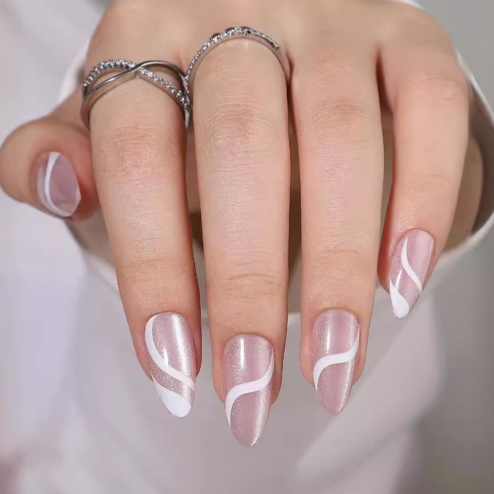 WAFOLOZE Press On Nails Long Almond Fake Nails Holiday Nail Press Ons With Simple White Lines Cat's Eye Design, Artificial False Nails Stick On Nails for Women-30Pcs