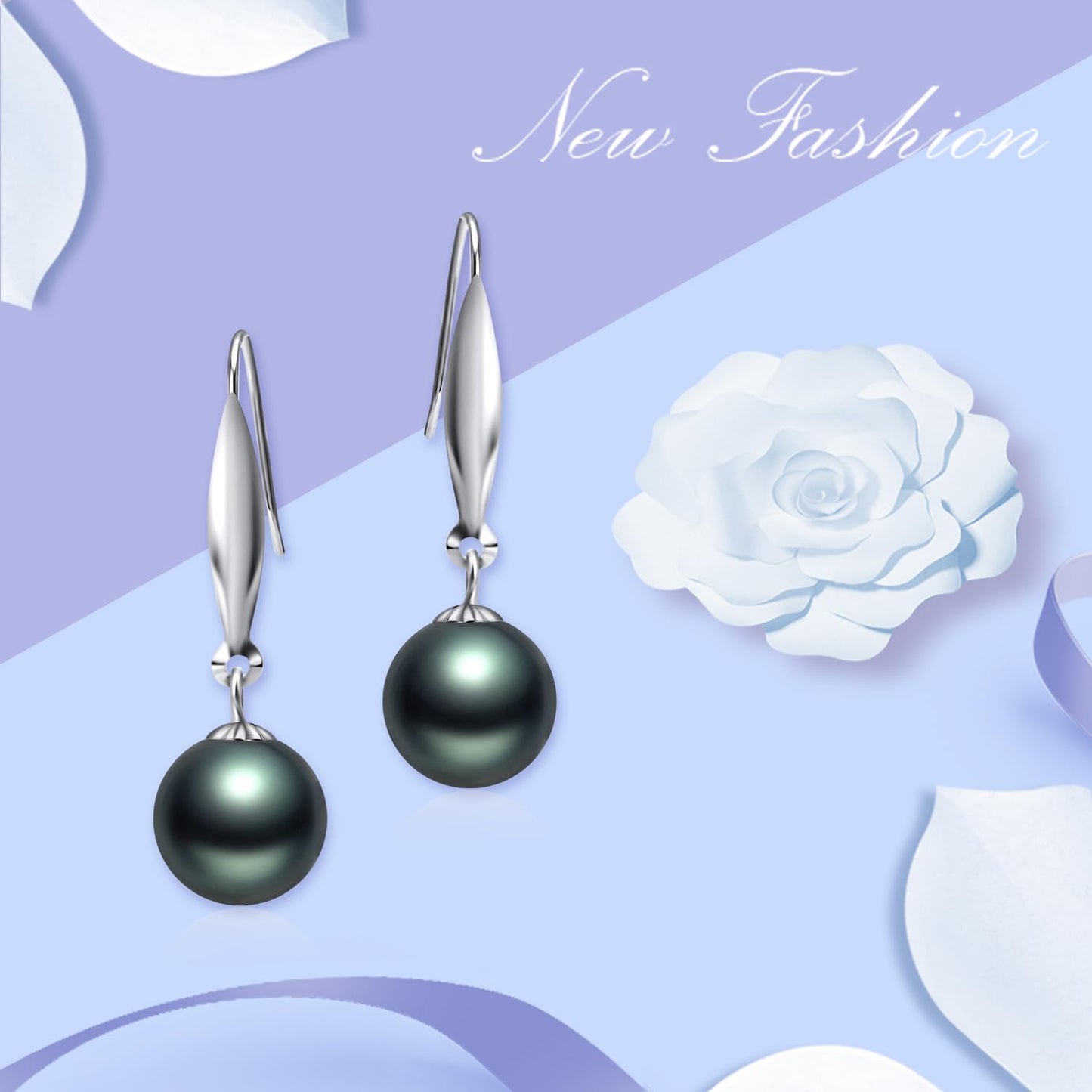 SISGEM 18k White Gold Simulated Black Freshwater Cultured Pearl Dangle Earring, 8 mm