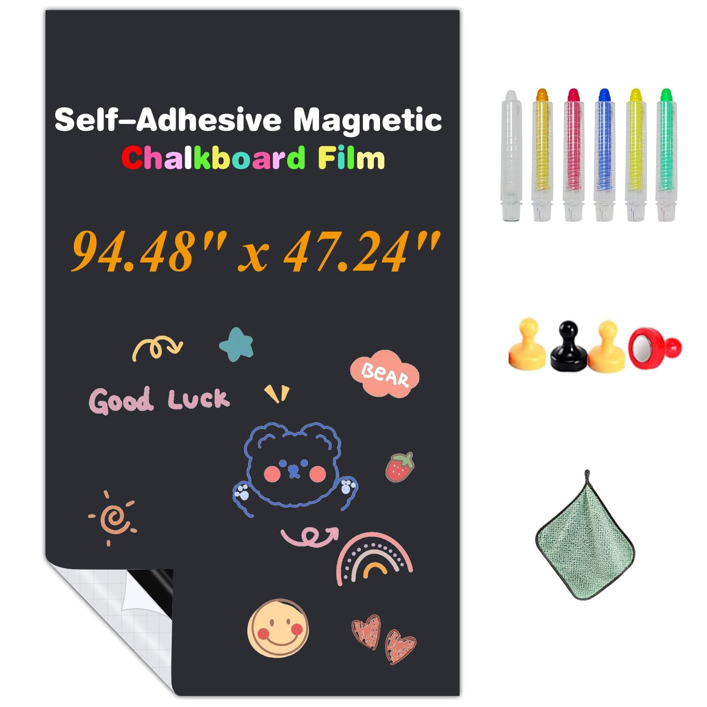 JUMUBOARD Self-Adhesive Chalkboard Sticker, 94.48" x 47.24" Magnetic Receptive Blackboard Wall Film, No Ghosting, Easy Write & Clean | Peel & Stick for Office, Home & Classroom,Incl. Accessories