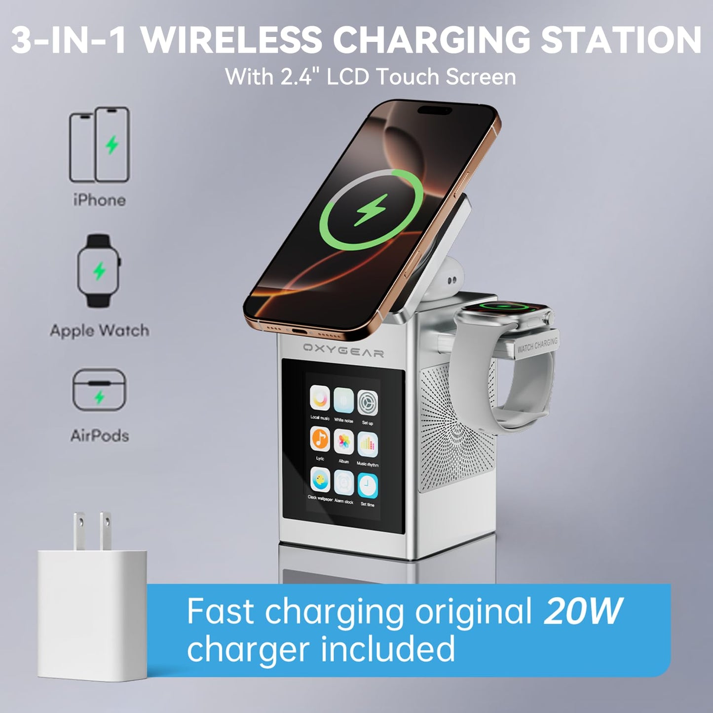 7-in-1 Multifunctional Wireless Charging Station with LCD Touch Screen, Bluetooth 5.3 Speaker, Alarm Clock, Qi2 Magnetic 15W Fast Charging Dock for iPhone, iWatch, AirPods, 20W Adapter (Silver)