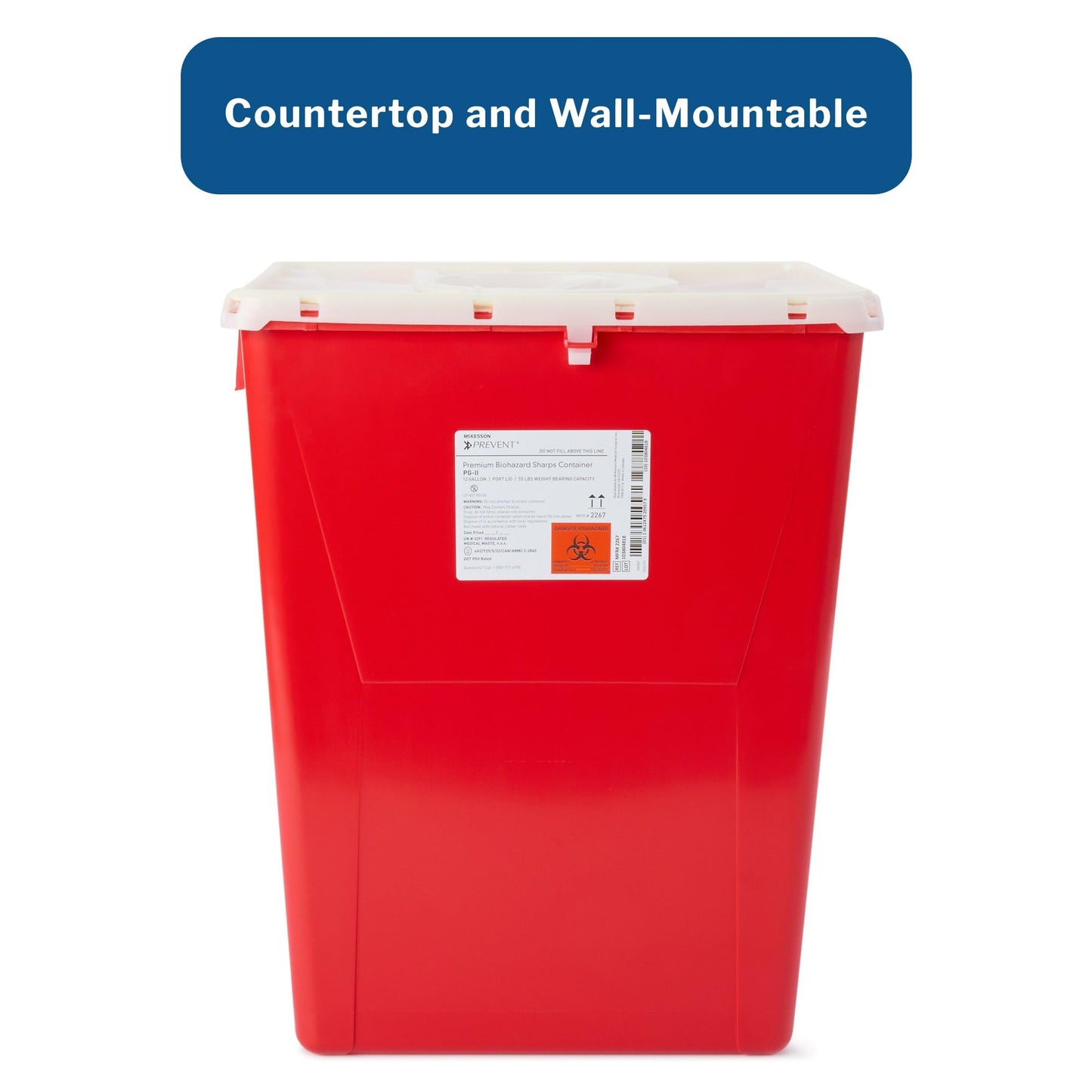 McKesson Prevent Biohazard Sharps Container, Premium - PG-II, Plastic, Vertical Entry, Rotating Lid - Red, 12 gal, 13 in x 17 3/10 in x 20 4/5 in, 1 Count