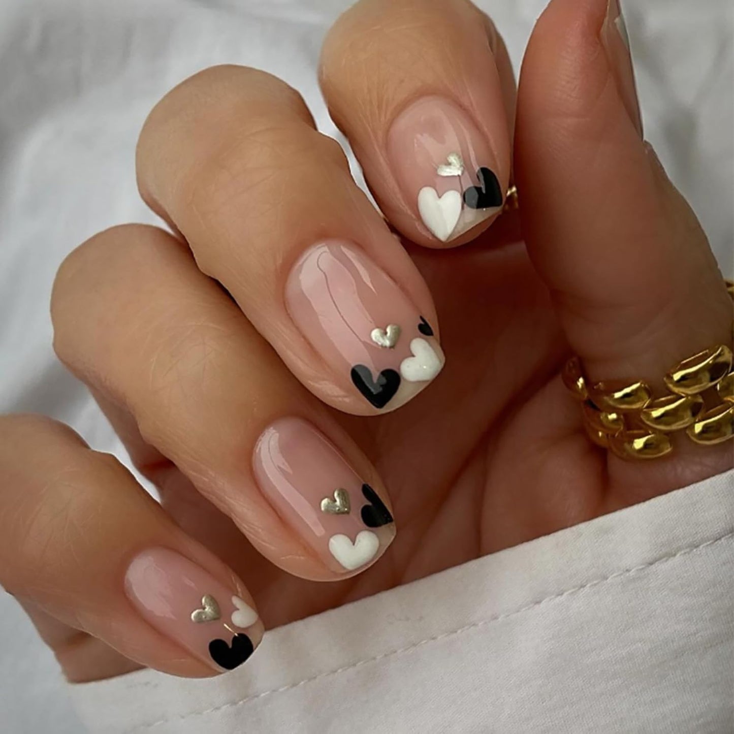 Press On Glossy Full Cover Acrylic Short Length Square False Nails with Black, White, Silver Heart Designs Artificial Square Shaped Fake Nails Glue Ons for Women & Girls