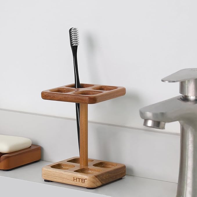 HTB Toothbrush Holders for Bathrooms,Teak Toothbrush Organizer Storage for Countertop,Tooth Brush Stand for Makeup Brush,Razor,Bathroom Accessories