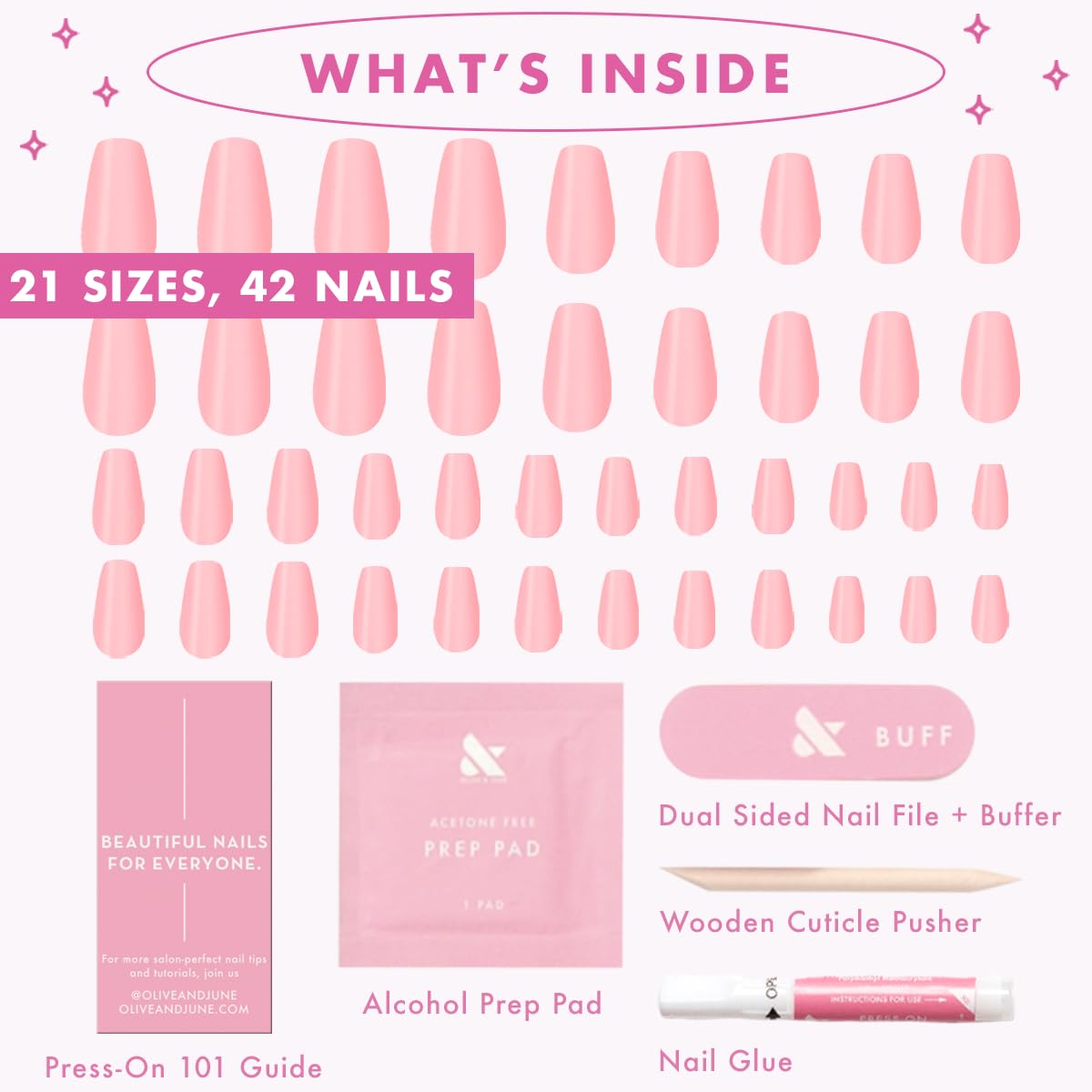 Olive & June Maximalist Instant Mani Press-On Nails (Glue) | 42 Fake Nails, 21 Sizes | Non-Toxic, Long-Lasting Big, Bold Gorgeous Realistic Look | Salon-Quality at Home | Medium, Coffin | Pink