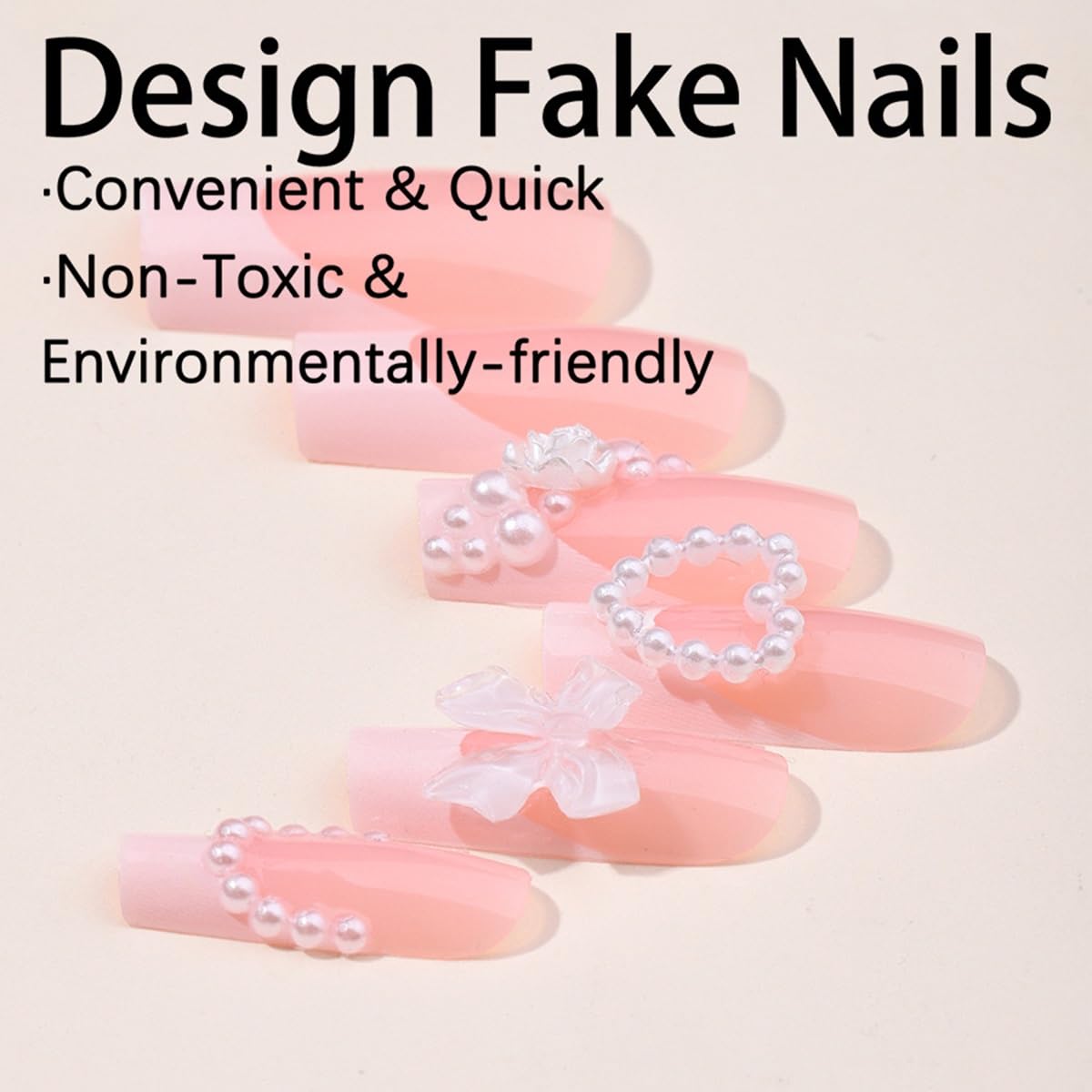 Coffin Press on Nails Medium - White French Tip Fake Nails with Bow Pearl Design - Heart Stick on Nails Press ons - for Women 24 Pcs
