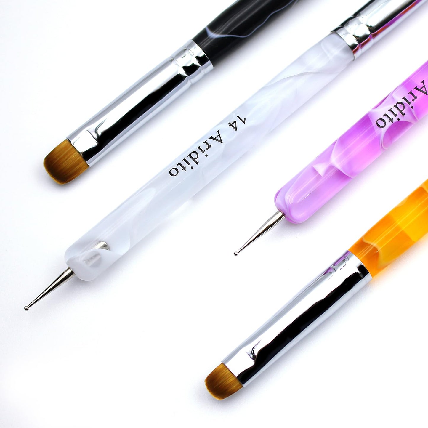 Aridito 4pcs Premium French Nail Art Brush & Dotting Tool - Professional Manicure Tool For Detailed Designs.(pink#10, Orange#12, White#14, Black#16)