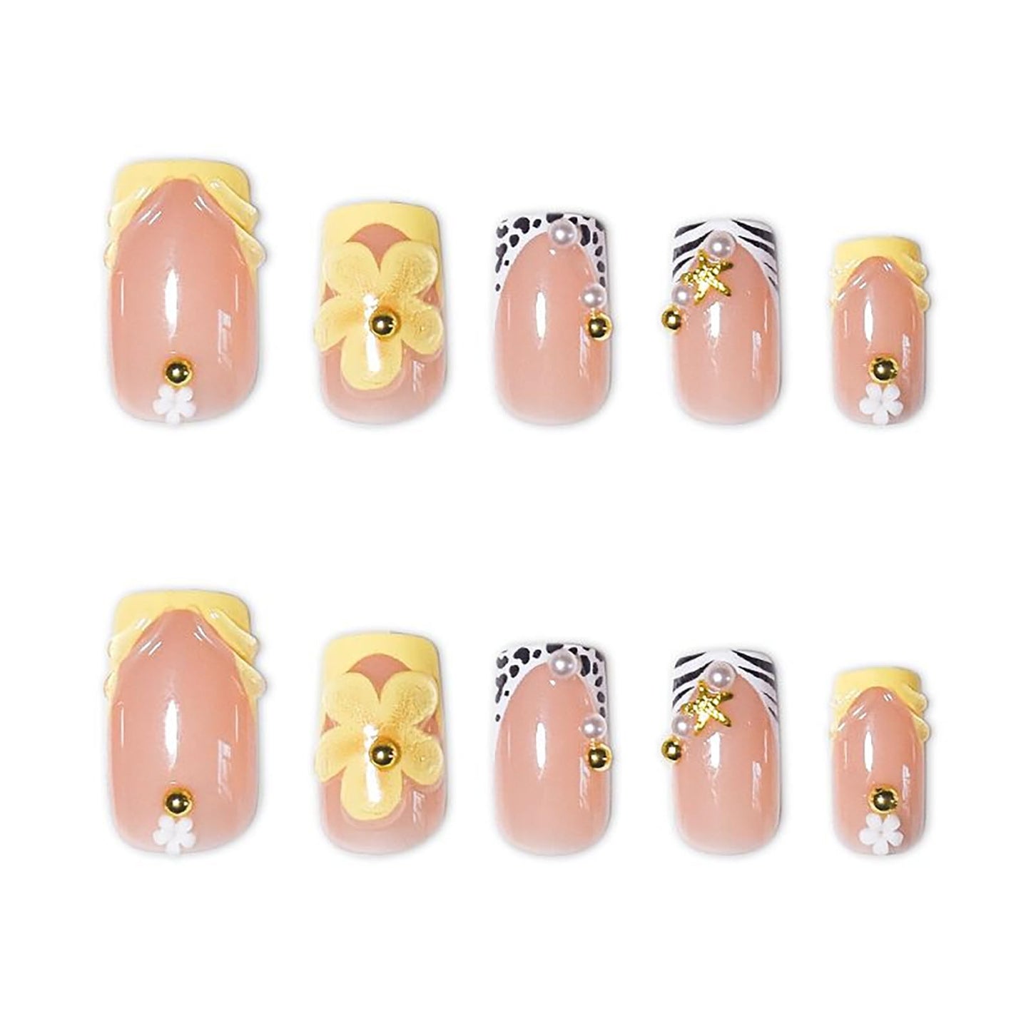 RUOKEXIN Short Press on Nails French Tip Fake Nails Square False Nails with 3D Flower Designs Orange Nail Press ons Sparkly Artificial Nails for Women 24Pcs