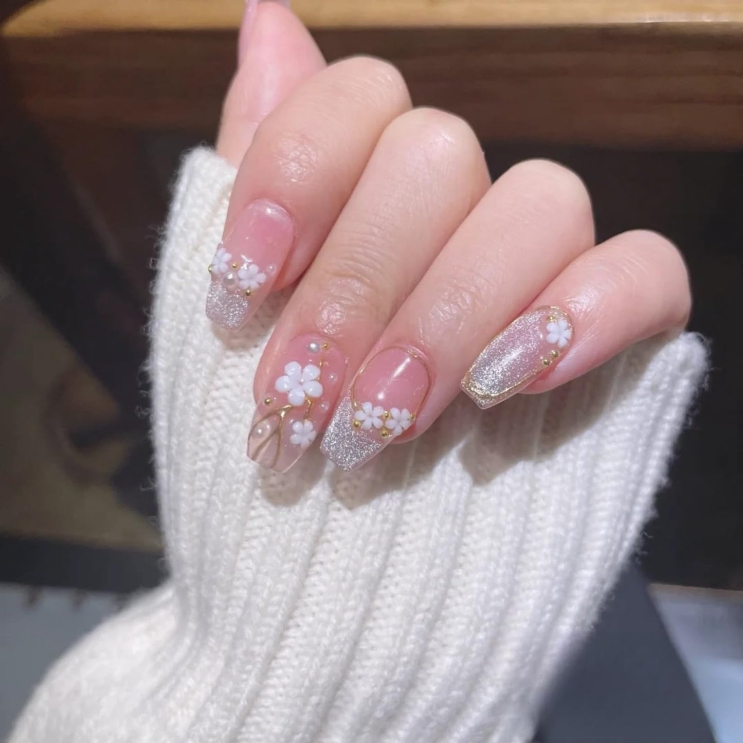 NLSJMP,10Pcs,Size M,3D Handmade Press on Nails Medium Length Acrylic Fake Nails Kit,Glitter Flower Design Nail Art Kit,Include Toolkit,Reusable False nails,WHITE
